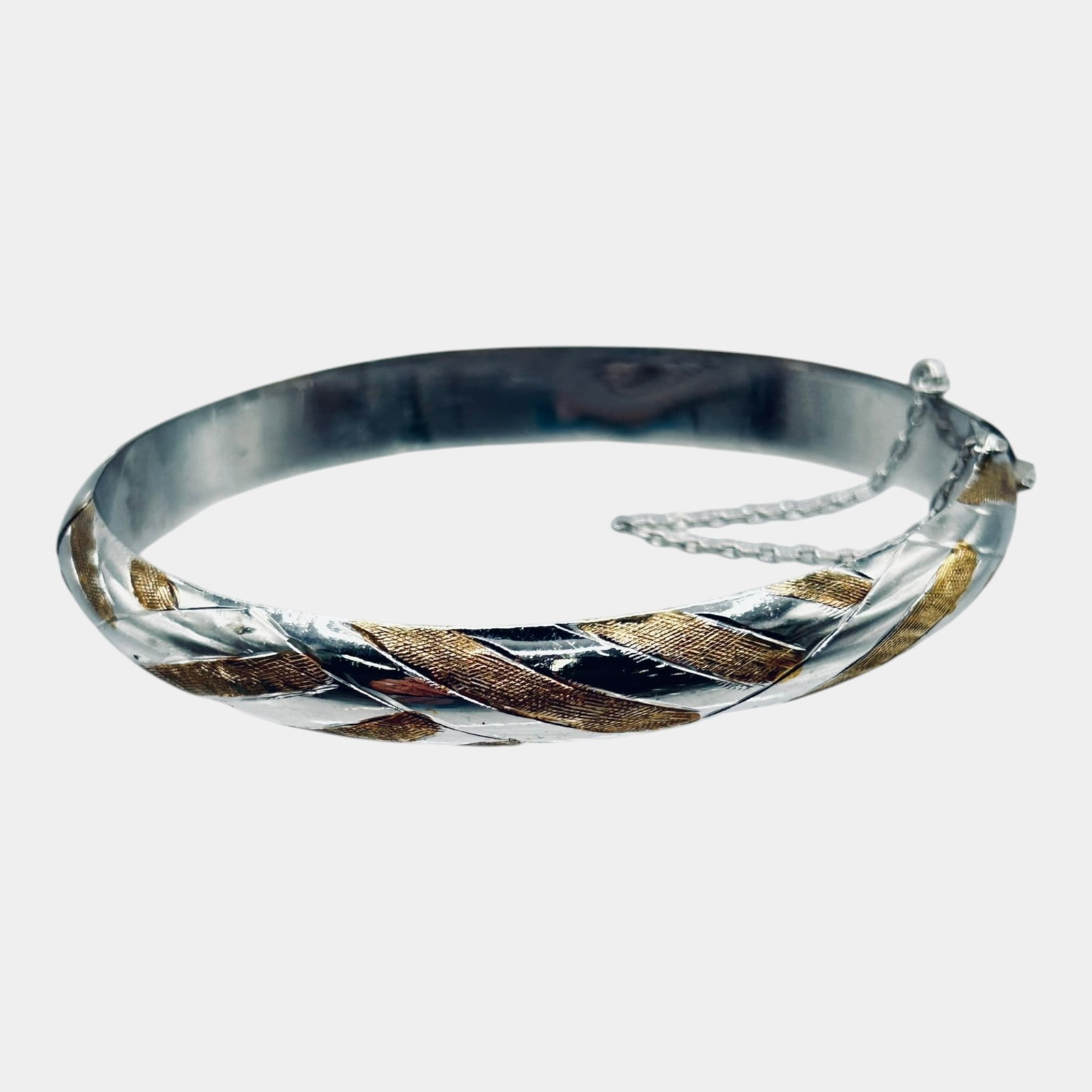 Sterling Silver And Gold Vermeil Twisted Rope Hinged Bangle Bracelet Safety Chain (1 of 7)