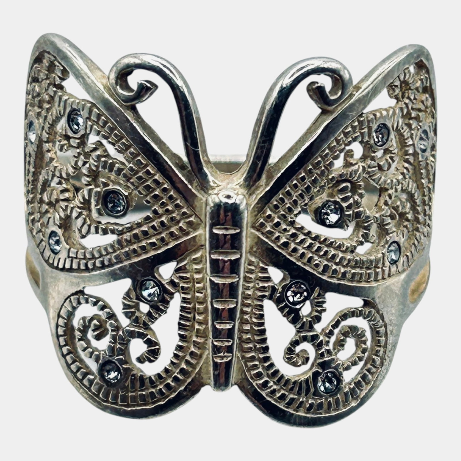 Sterling Silver Butterfly Ring Openwork Filigree Design With Clear Stone Accents Size 8 (1 of 5)