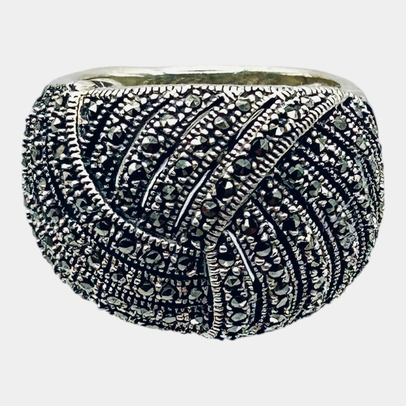 Sterling Silver Marcasite Dome Ring Wide Band Statement Ring Vintage Jewelry Size 7.5 (1 of 6)
