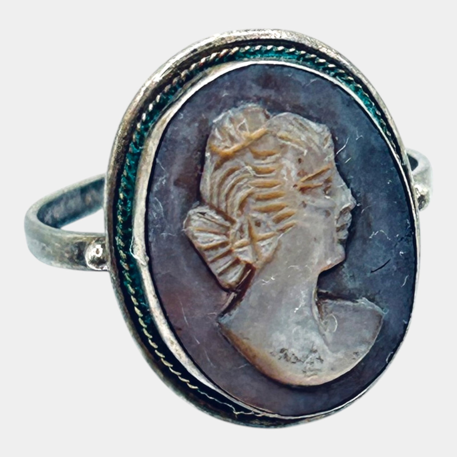 Sterling Silver Hardstone Cameo Ring With Copper Braided Bezel Classical Lady Portrait Size 6.25 (1 of 5)