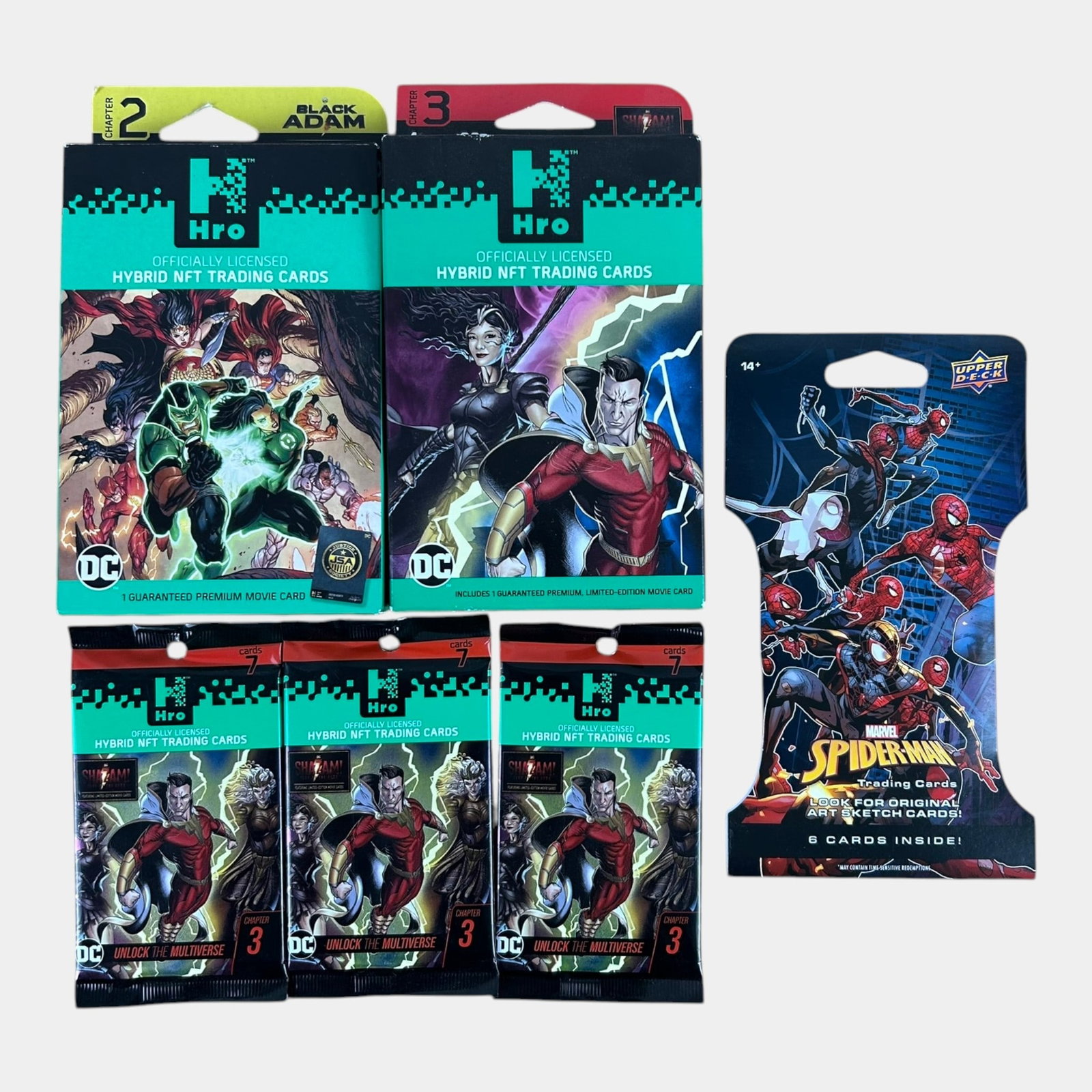 Marvel Spider-Man Sleeve Booster Pack & DC Shazam & Black Adam HRO Hybrid NFT Trading Cards (1 of 2)