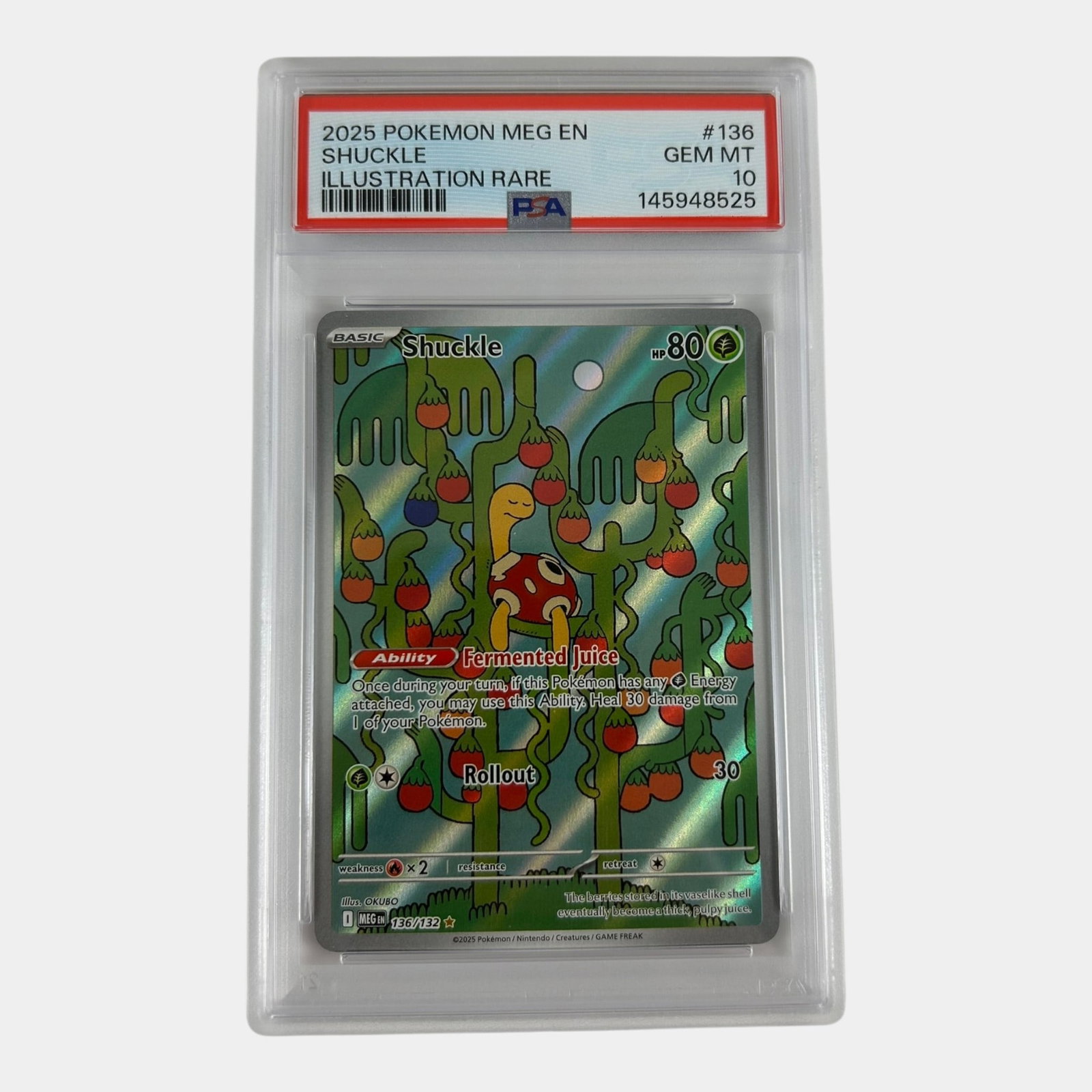 Shuckle 136/132 PSA 10 Illustration Rare Mega Evolution Graded Pokemon Card: We offer affordable in-house shipping on all items.For higher resolution images please visit bid.craftedauctions.com Shuckle 136/132 PSA 10 Illustration Rare Mega Evolution Graded Pokemon Card Excelle