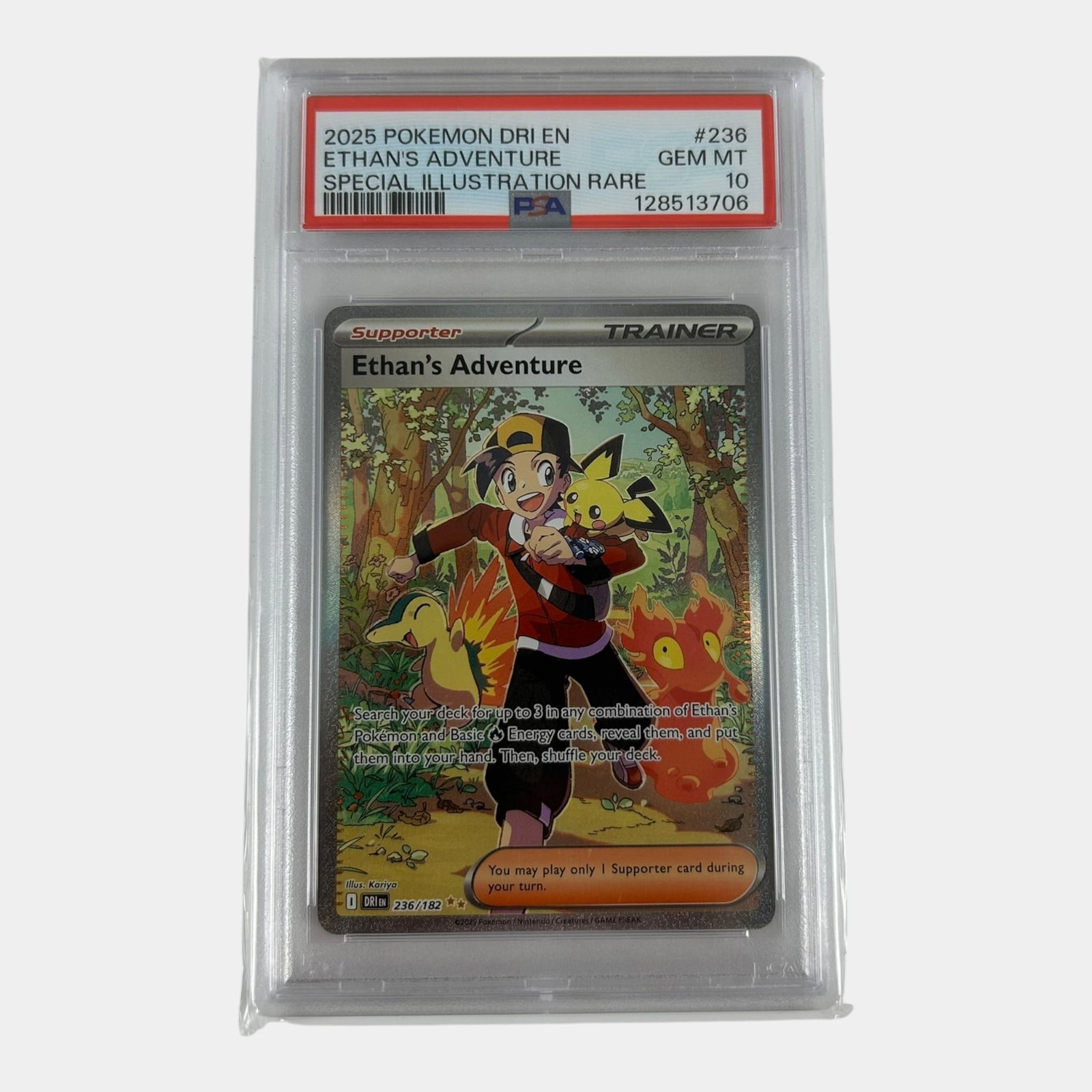Ethan's Adenture 236/182 PSA 10 Destined Rivals Scarlet & Violet Special Illustration Rare Graded: We offer affordable in-house shipping on all items.For higher resolution images please visit bid.craftedauctions.com Ethan's Adenture 236/182 PSA 10 Destined Rivals Scarlet & Violet Special Illustrati