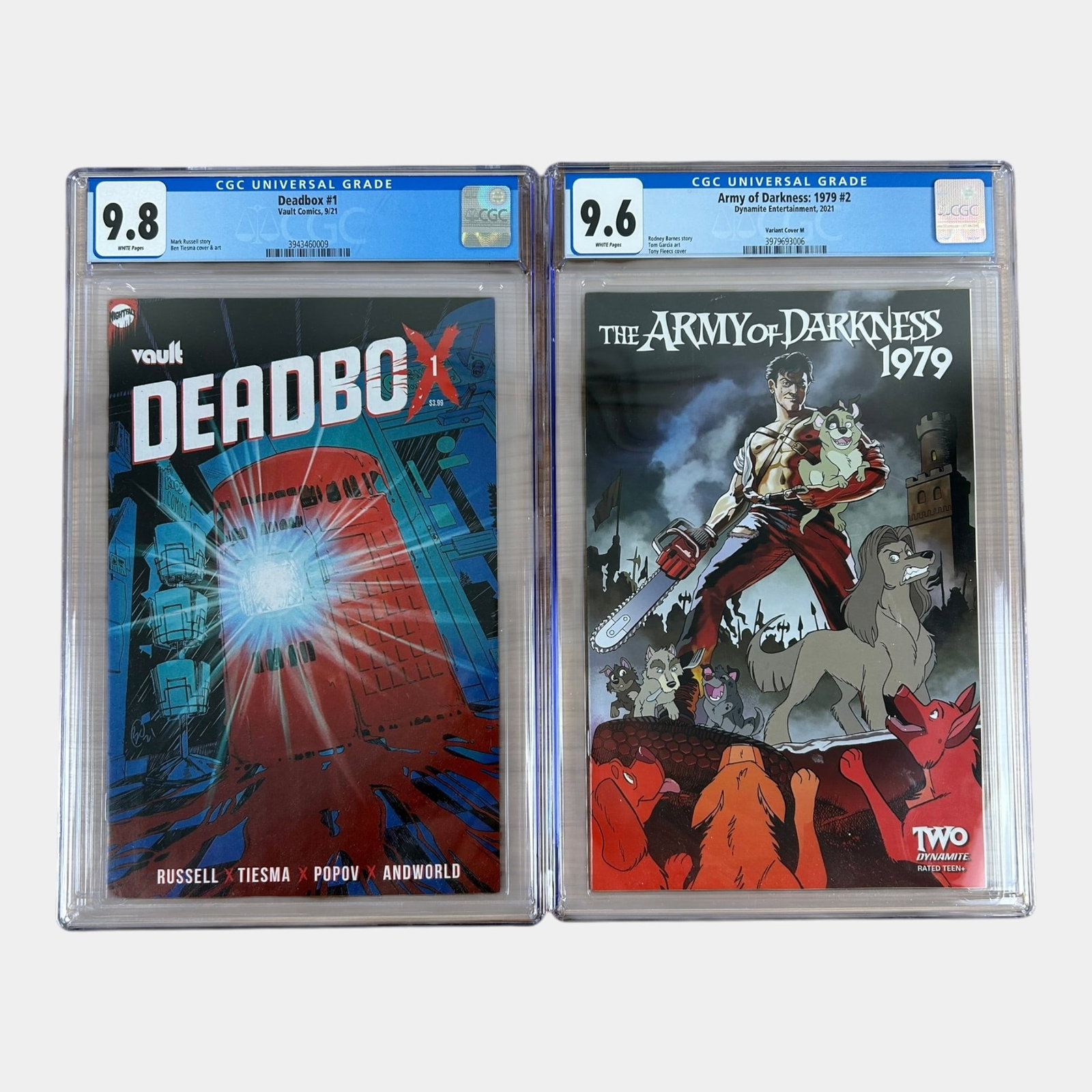 The Army Of Darkness 1979 Stray Dogs Variant Cover CGC 9.6 & Dedbox Vault Comics CGC 9.8: We offer affordable in-house shipping on all items.For higher resolution images please visit bid.craftedauctions.com The Army Of Darkness 1979 Stray Dogs Variant Cover CGC 9.6 & Dedbox Vault Comics CG