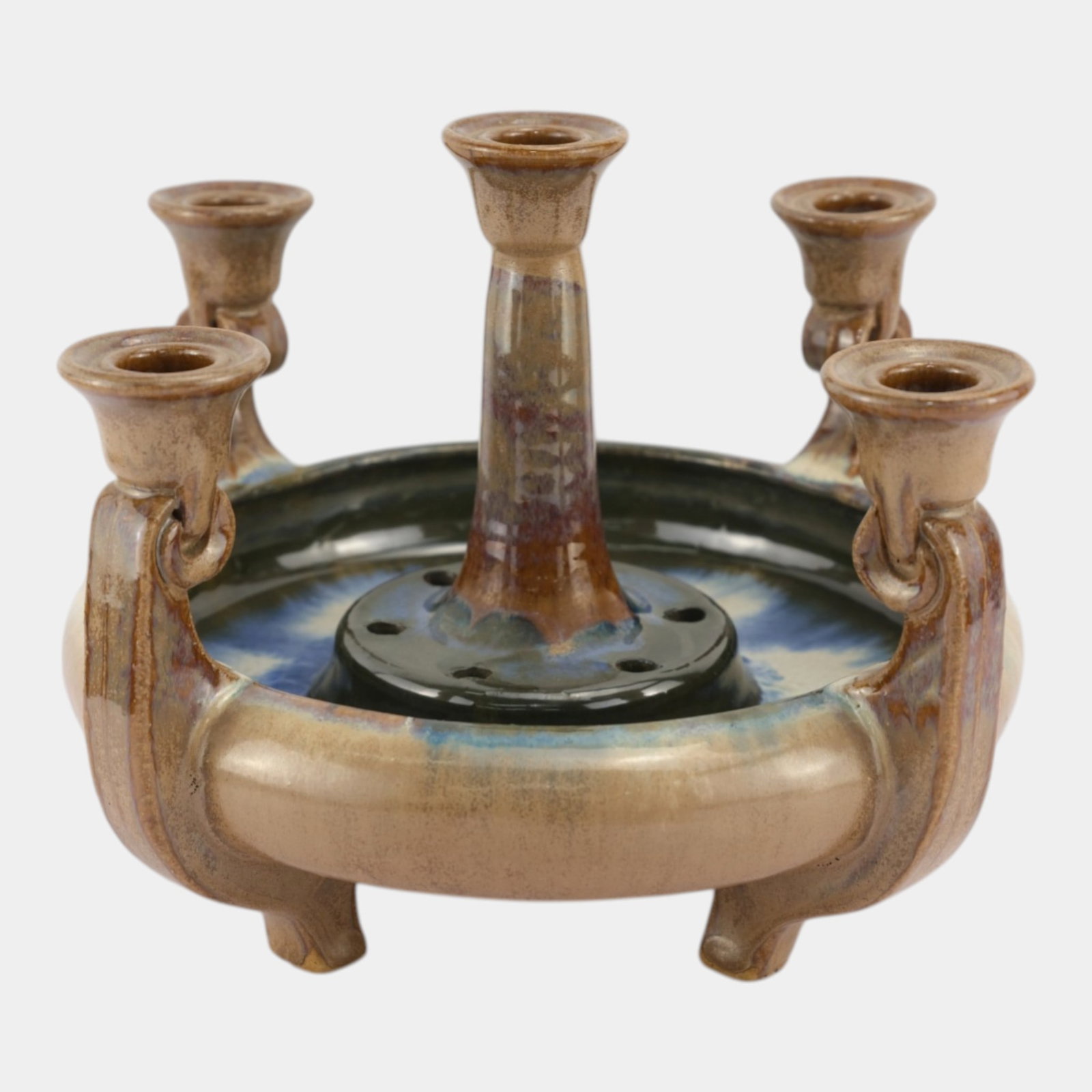 Fulper 1917-1927 Arts And Crafts Pottery Brown Candle Holder Flower Frog Bowl: Professional, fast, and affordable in house shipping available for all items.For higher resolution images please visit www.bid.craftedauctions.com Fulper 1917-1927 Arts And Crafts Pottery Brown Candle
