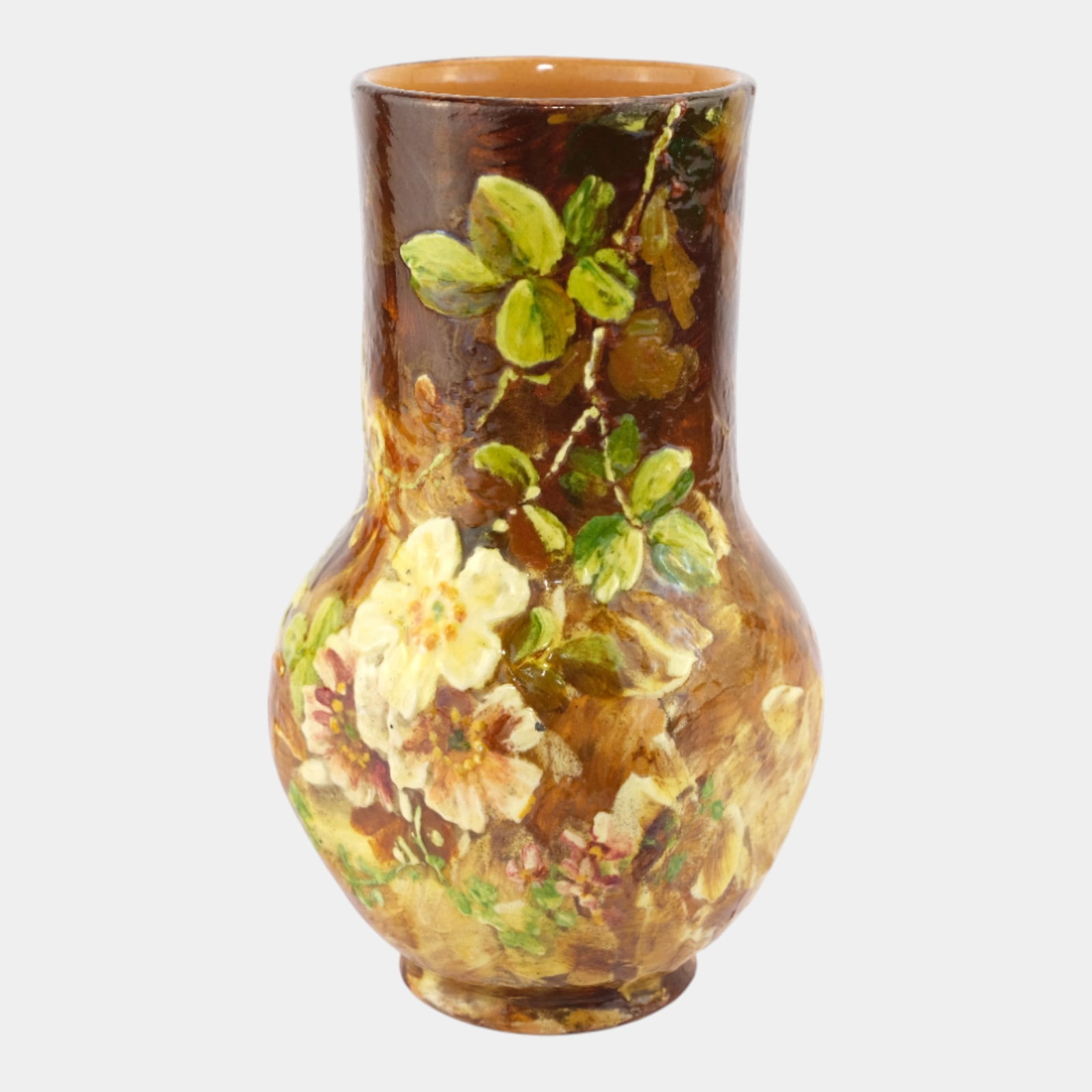 Art Nouveau Barbotine Earthenware Art Pottery Brown Hand Decorated Floral Vase: Professional, fast, and affordable in house shipping available for all items.For higher resolution images please visit www.bid.craftedauctions.com Art Nouveau Barbotine Earthenware Art Pottery Brown H