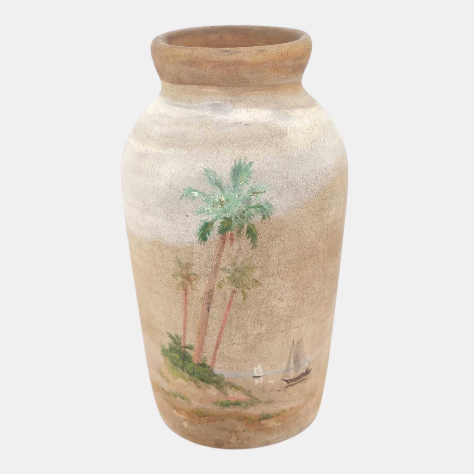 Henry Graack & Sons Pottery 1920s Bradenton Florida Art Pottery Scenic Sail Boat Palm Tree Vase: Professional, fast, and affordable in house shipping available for all items.For higher resolution images please visit www.bid.craftedauctions.com Henry Graack & Sons Pottery 1920s Bradenton Florida A