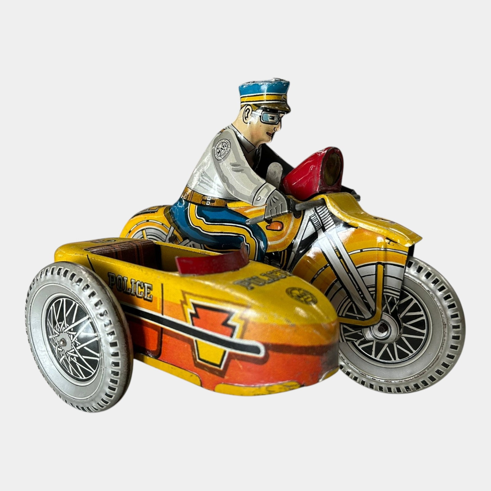 Marx 1950s Wind Up Tin Lithographed Police Motorcycle With Sidecar "Police Squad" Vintage Toy (1 of 5)