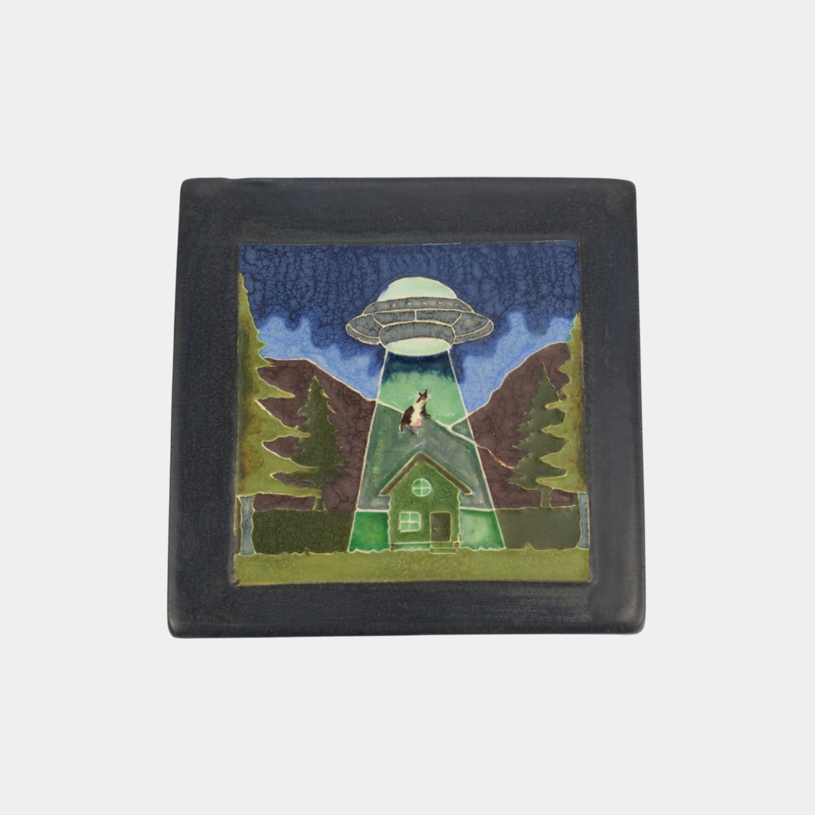 Ephraim Faience 2023 Art Pottery Intergalactic UFO Tractor Beam Cow Scenic Tile (1 of 2)