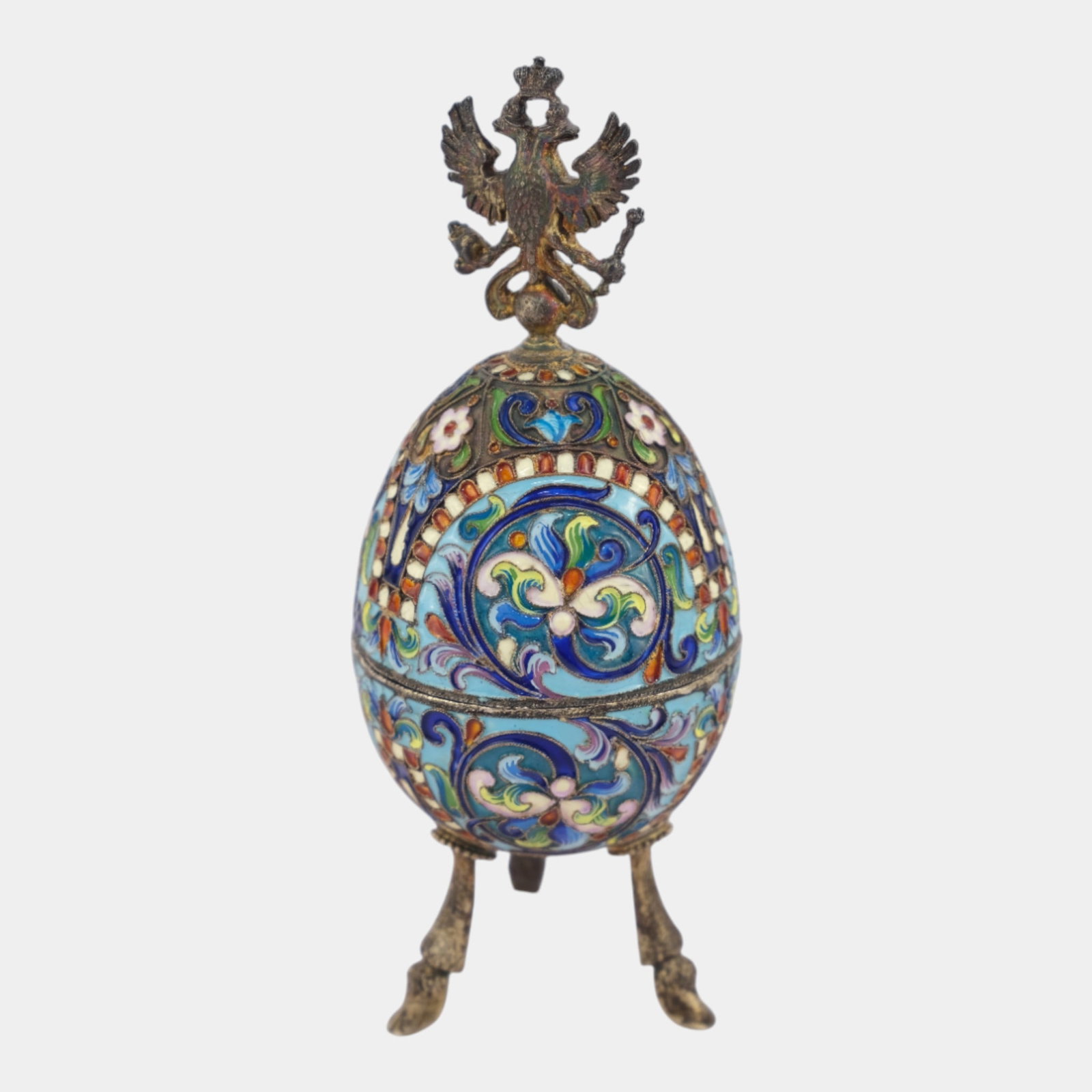 Russian Imperial 88 Silver Enameled Cloisonne Floral Egg Box With Footed Stand - 2