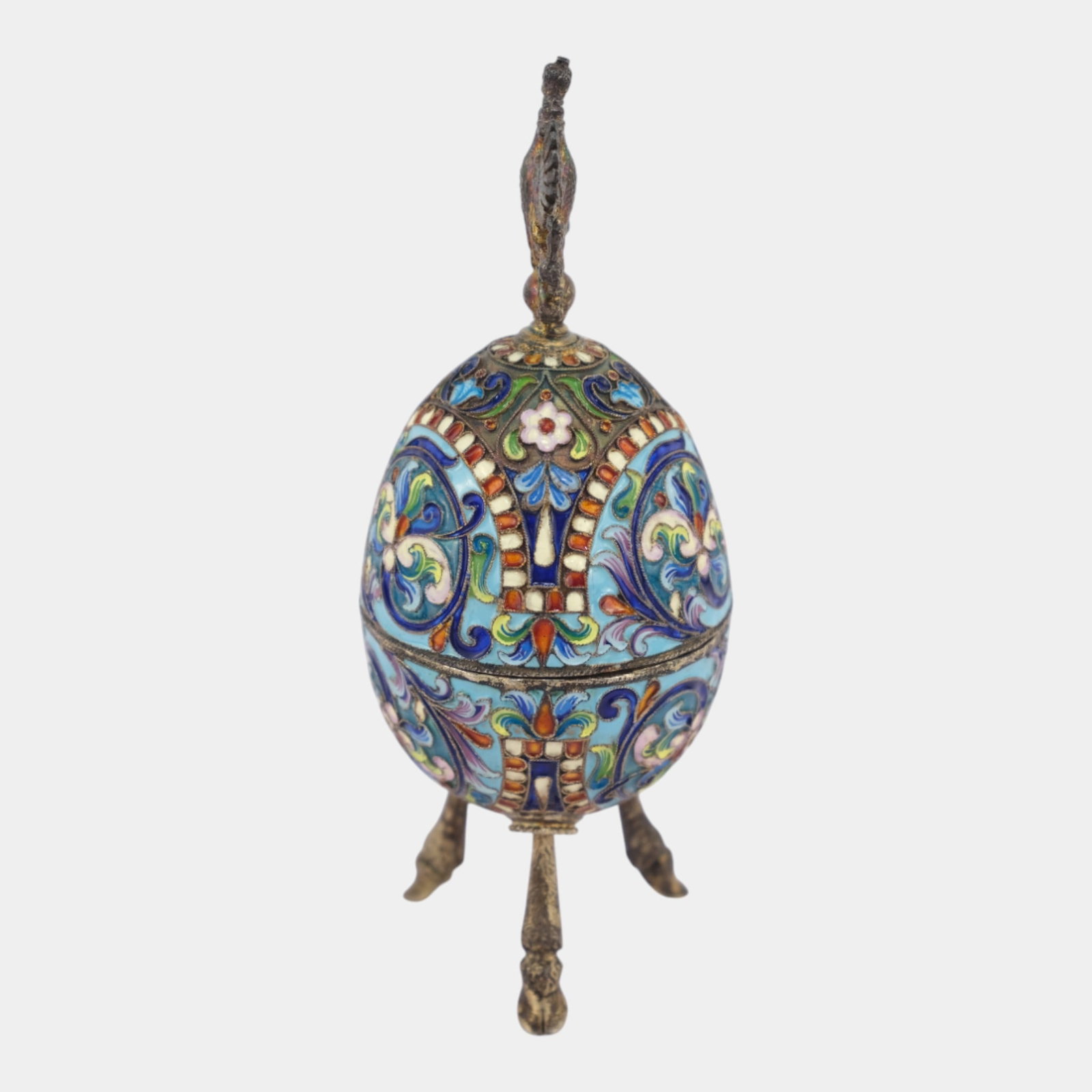 Russian Imperial 88 Silver Enameled Cloisonne Floral Egg Box With Footed Stand - 3