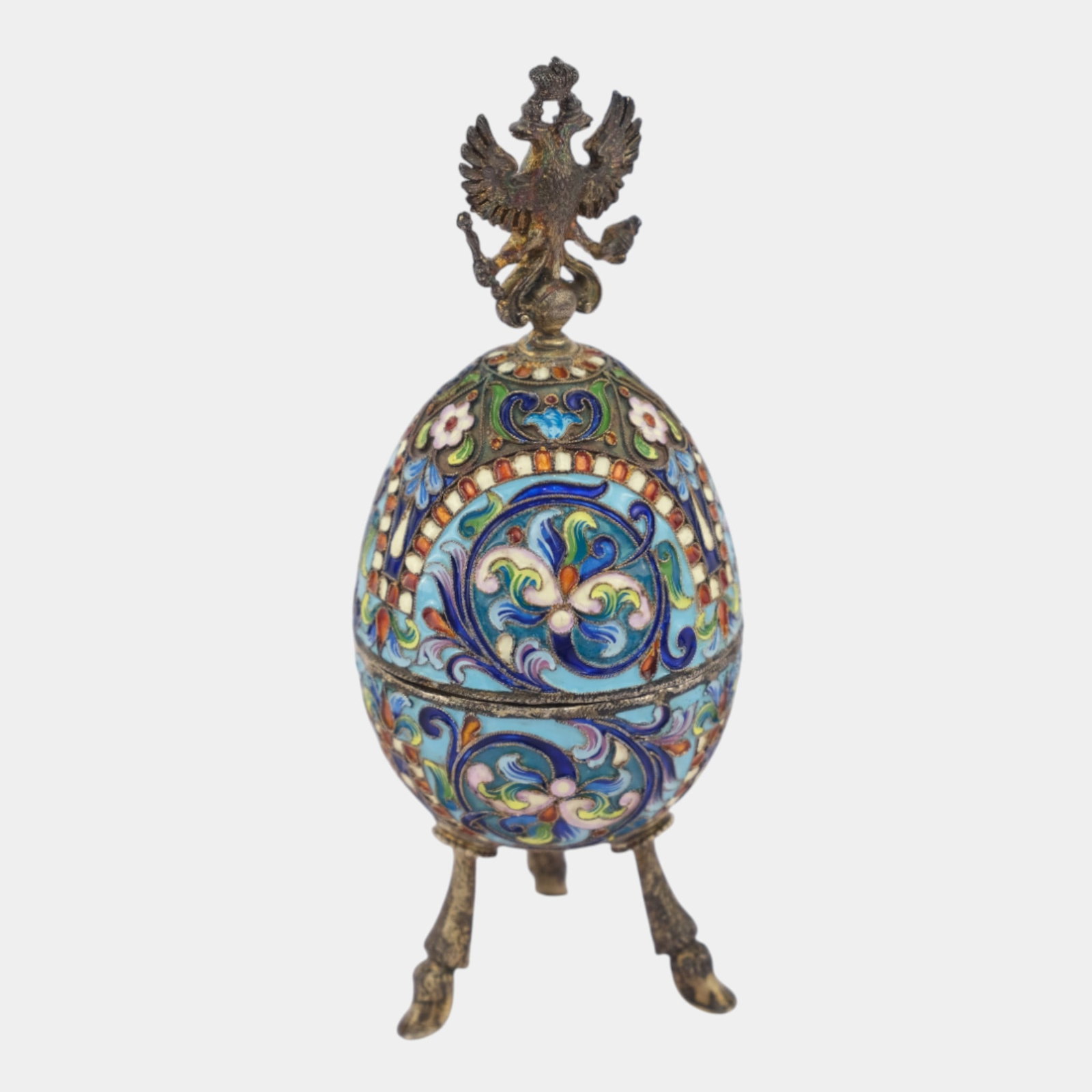 Russian Imperial 88 Silver Enameled Cloisonne Floral Egg Box With Footed Stand - 4