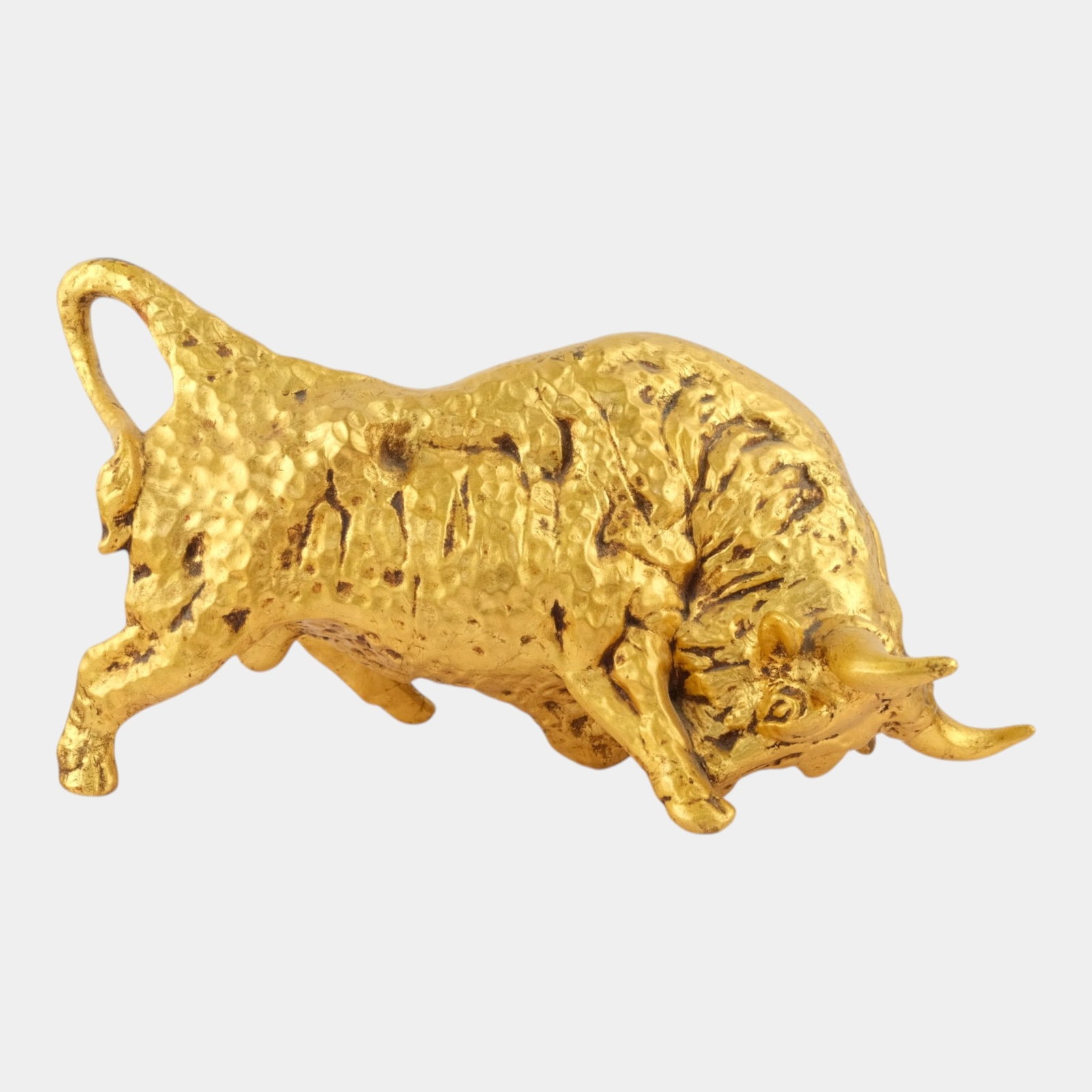 Mid Century Modern Thick Golden Textured Surface Large 19" Long Figural Charging Bull Sculpture: Professional, fast, and affordable in house shipping available for all items.For higher resolution images please visit www.bid.craftedauctions.com Mid Century Modern Thick Golden Textured Surface Larg