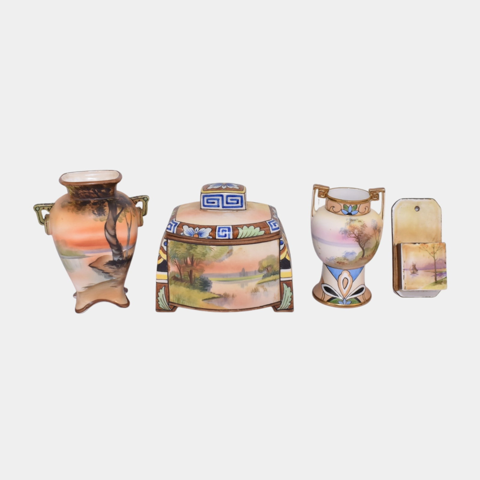Morimura Brothers Japanese Hand Painted Porcelain Vases Lidded Jar Wall Pocket: Professional, fast, and affordable in house shipping available for all items.For higher resolution images please visit www.bid.craftedauctions.com Morimura Brothers Japanese Hand Painted Porcelain Vas