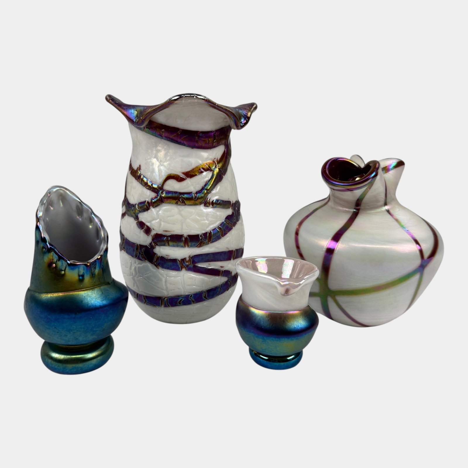 Terry Crider Ohio Studio Art Glass Blue Green Iridescent And Iridescent White Ribbon Vases (1 of 19)