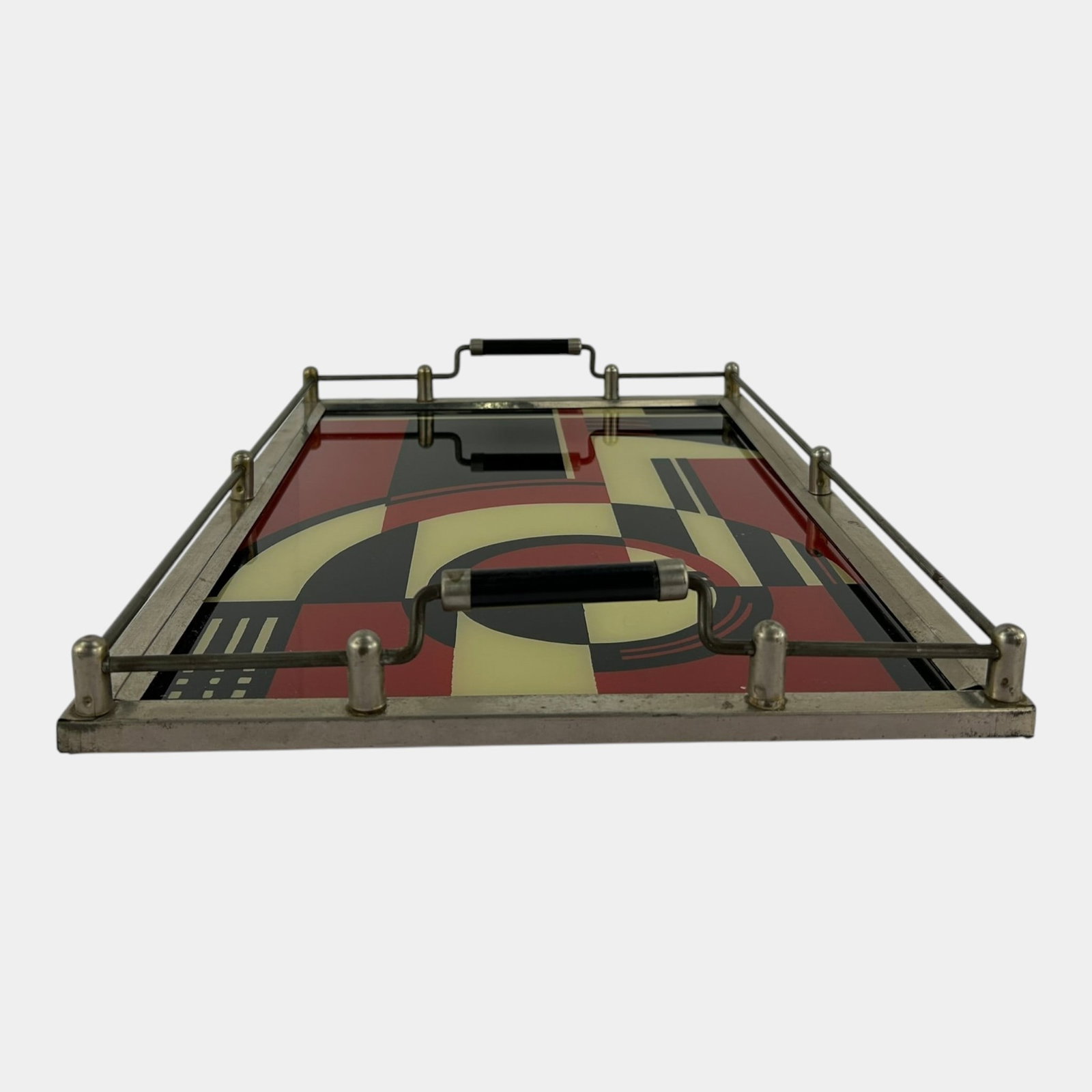 Art Deco 1930s Black Red Chrome "The Jazz Tray" Polychromatic Reverse Painted Modernist Serving Tray: Professional, fast, and affordable in house shipping available for all items.For higher resolution images please visit www.bid.craftedauctions.com Art Deco 1930s Black Red Chrome "The Jazz Tray&q