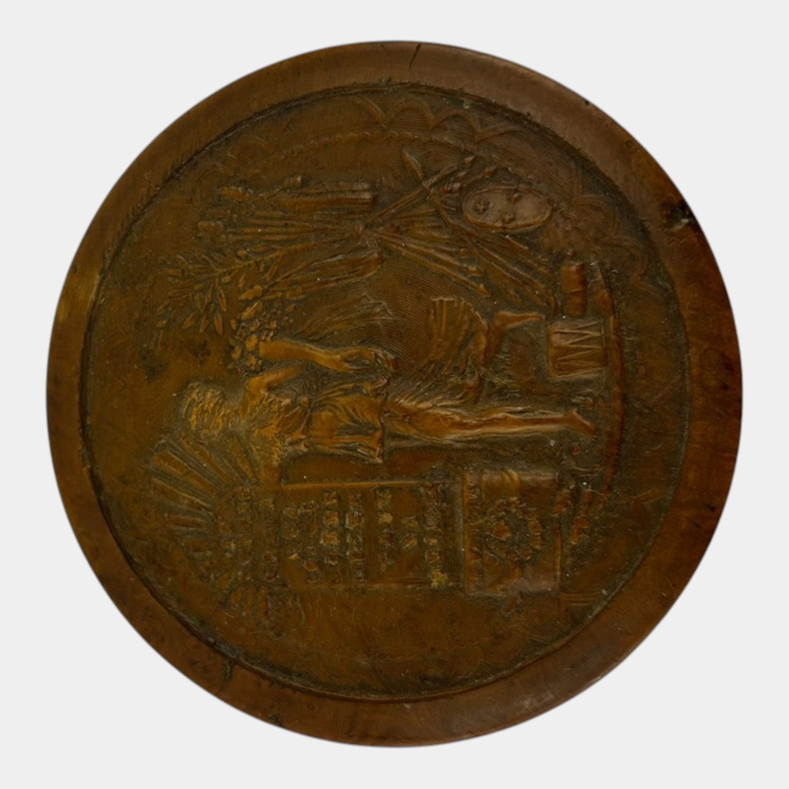 19th Century Brown Burr Wood Circular Carved Figural Scene Lidded Snuff Tobacco Box (1 of 7)