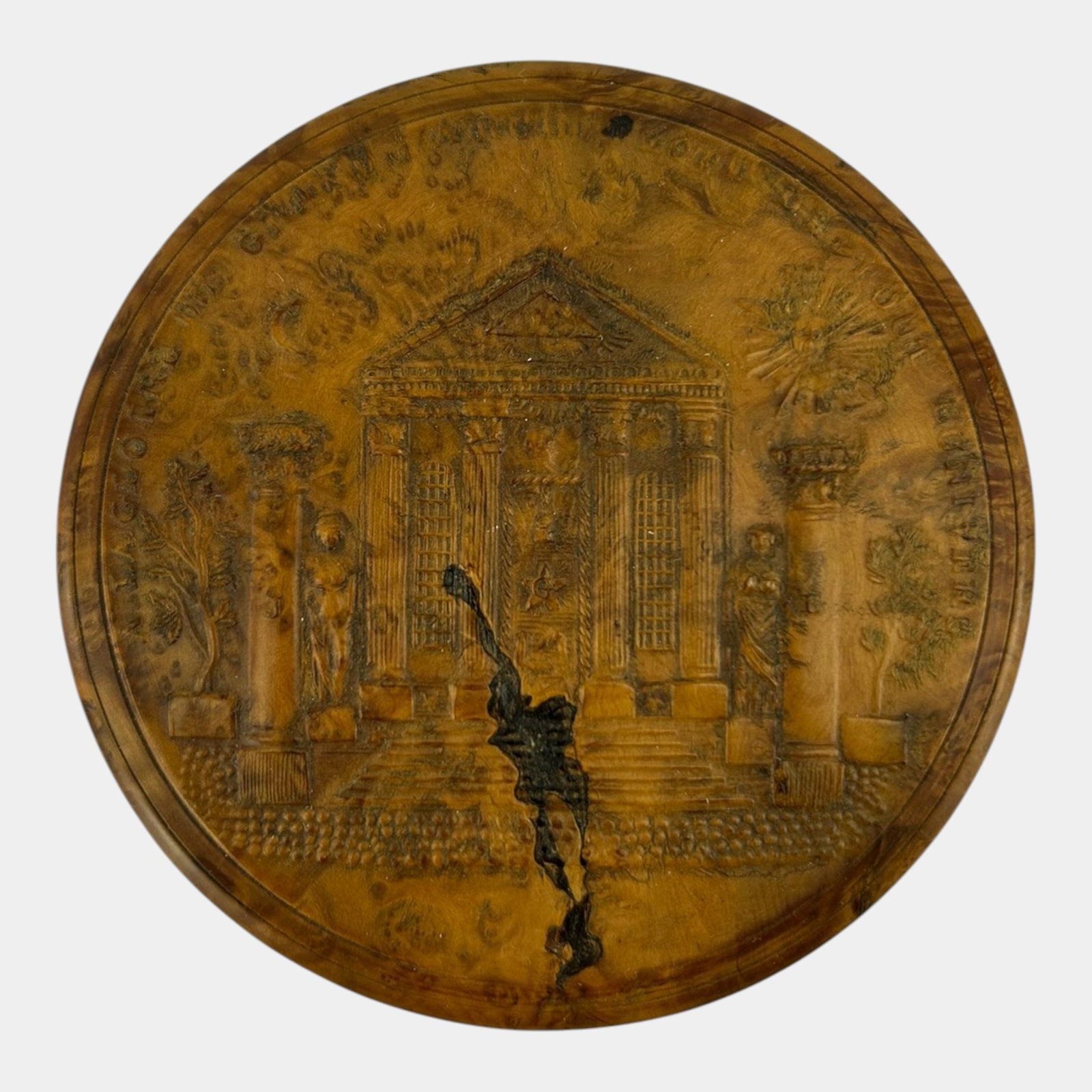 19th Century Brown Burr Wood Circular Carved Neoclassical Building Lidded Snuff Tobacco Box (1 of 9)