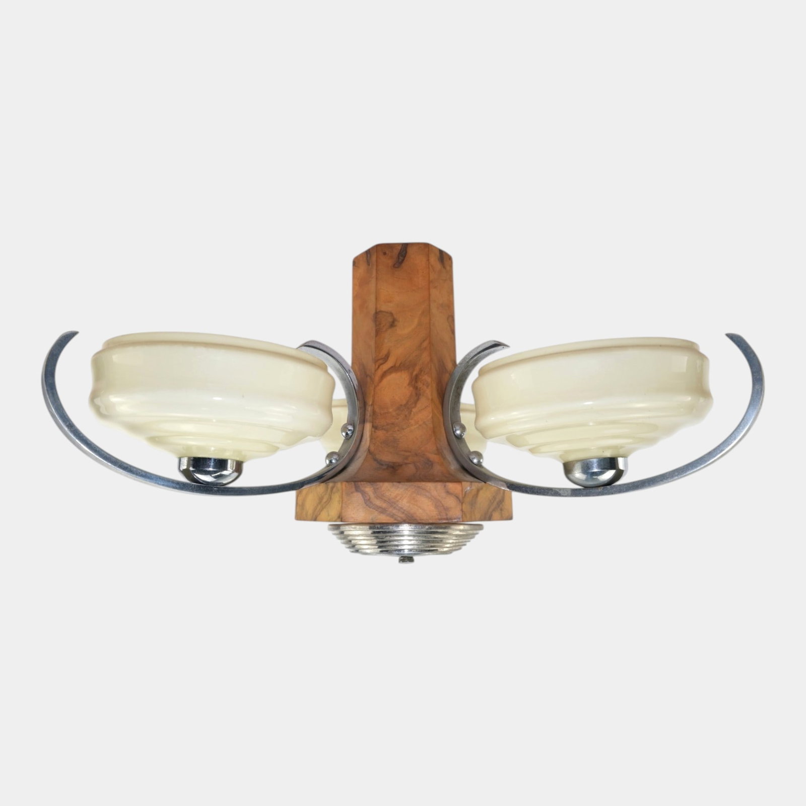 Art Deco 1930s Chrome, Walnut, & Kresno Glassworks Czech Milk Glass Shades Fixed Post Ceiling: Professional, fast, and affordable in house shipping available for all items.For higher resolution images please visit www.bid.craftedauctions.com Art Deco 1930s Chrome, Walnut, & Kresno Glassworks Cz