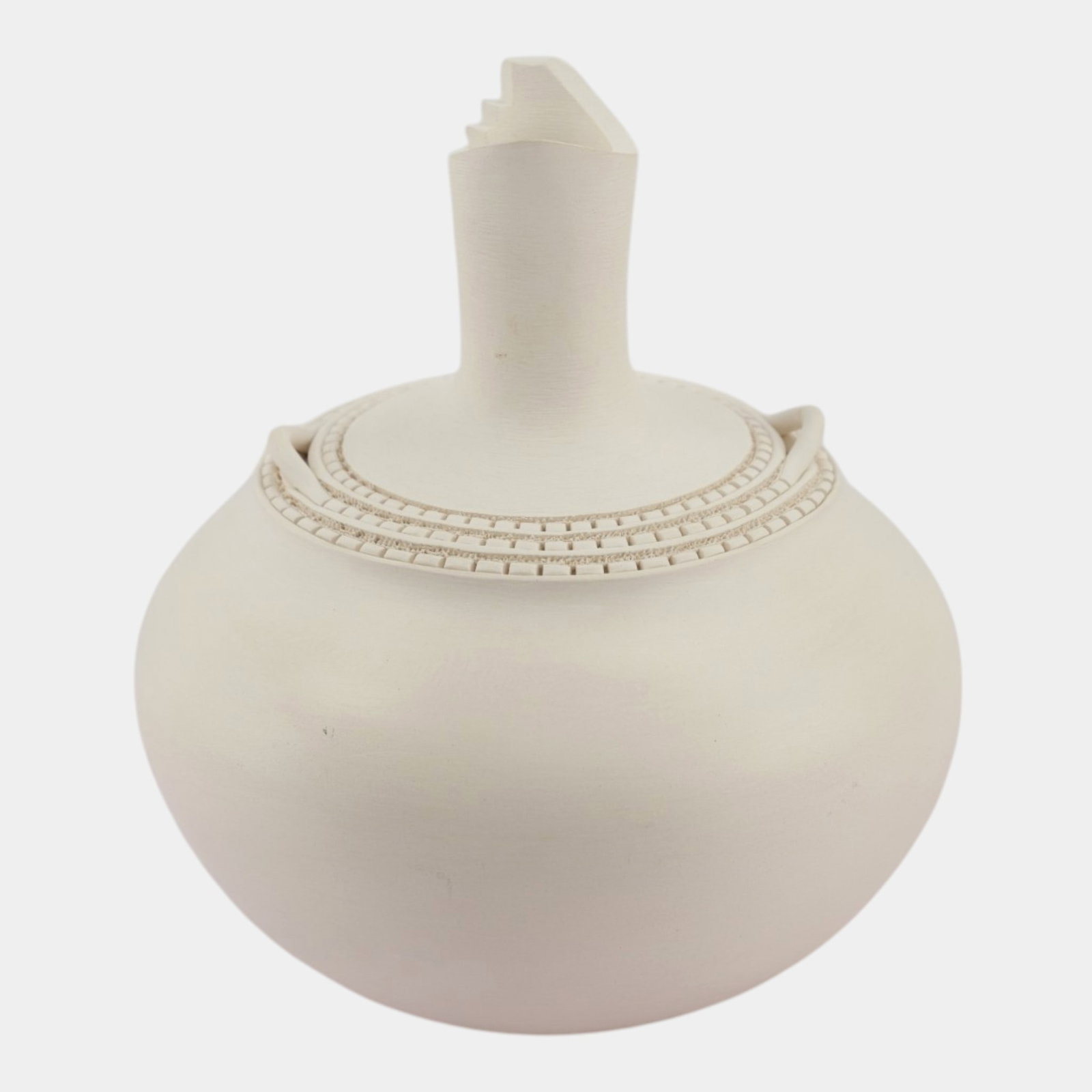 Wilfred Garcia Acoma Pueblo Native American Art Pottery White Carved Handled Vase Jar: Professional, fast, and affordable in house shipping available for all items.For higher resolution images please visit www.bid.craftedauctions.com Wilfred Garcia Acoma Pueblo Native American Art Potte