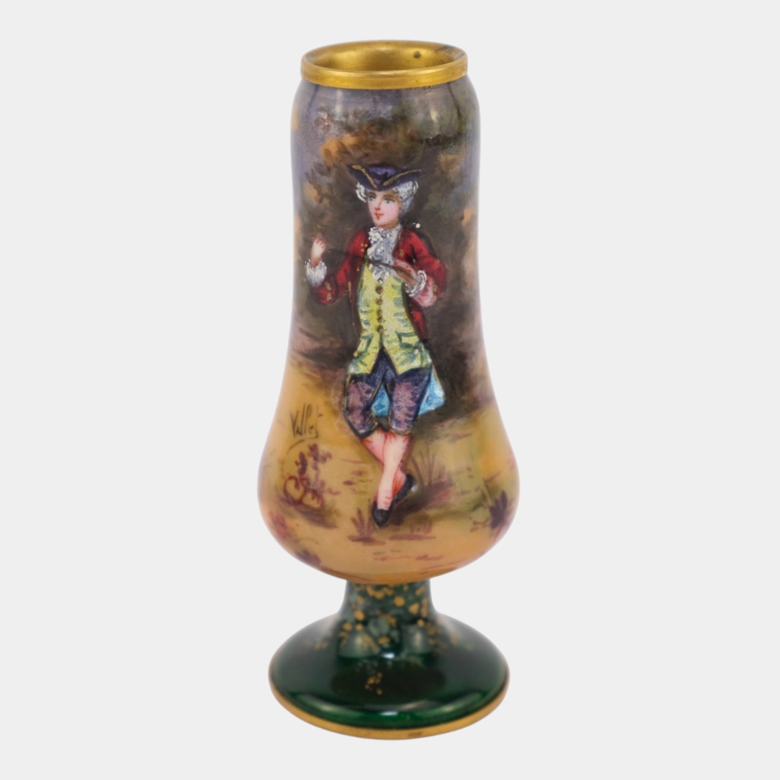 French Limoges 1900s Enamel On Copper Scenic Figural Portrait Vase Artist Signed: Professional, fast, and affordable in house shipping available for all items.For higher resolution images please visit www.bid.craftedauctions.com French Limoges 1900s Enamel On Copper Scenic Figural 