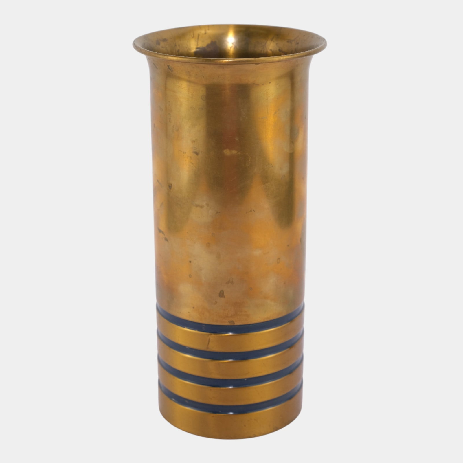 Walter Von Nessen For Chase 1930s Art Deco Brass Cylinder Vase With Incised Rings: Professional, fast, and affordable in house shipping available for all items.For higher resolution images please visit www.bid.craftedauctions.com Walter Von Nessen For Chase 1930s Art Deco Brass Cyli