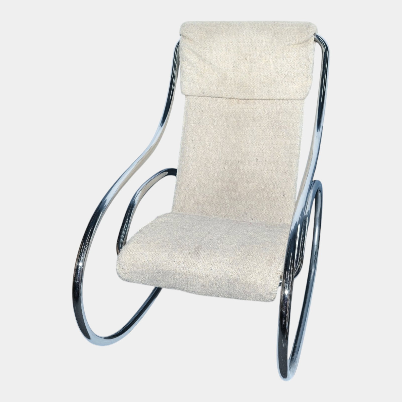Bauhaus 1970s Mid Century Modern Chrome Tube Rocking Armchair: Professional, fast, and affordable in house shipping available for all items.For higher resolution images please visit www.bid.craftedauctions.com Bauhaus 1970s Mid Century Modern Chrome Tube Rocking 