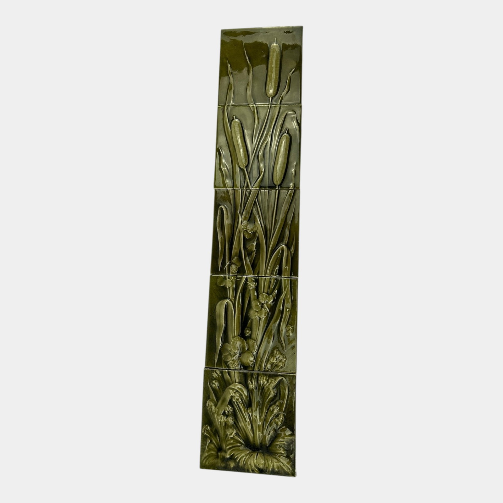 American Encaustic Tile Co. AETCO Pottery Green 5 Tile Cattail Fireplace Panel (1 of 9)