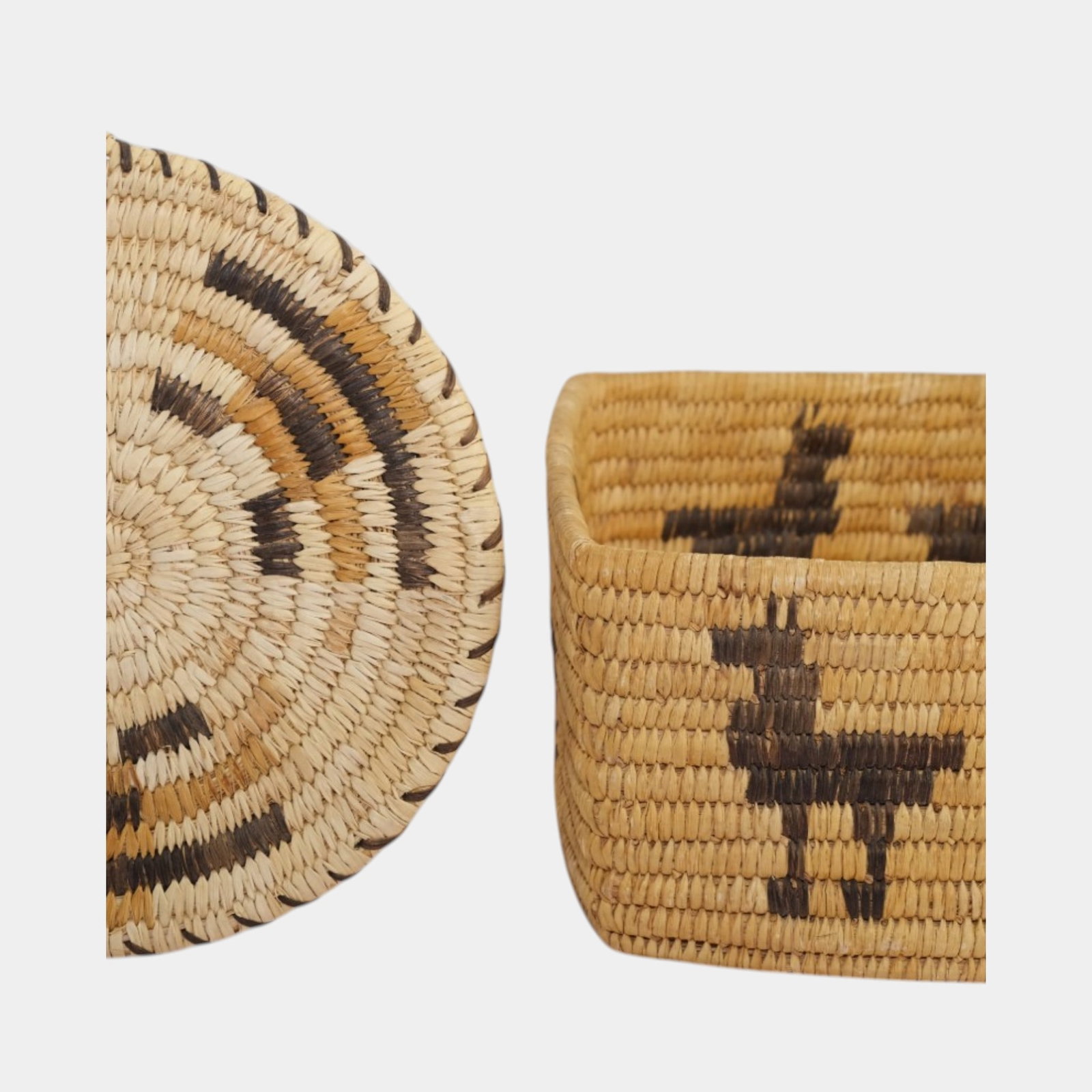 Two Vintage Tohono O'odham Papago Basket & Plaque: Professional, fast, and affordable in house shipping available for all items.For higher resolution images please visit www.bid.craftedauctions.com Two Vintage Tohono O'odham Papago Basket & Pl