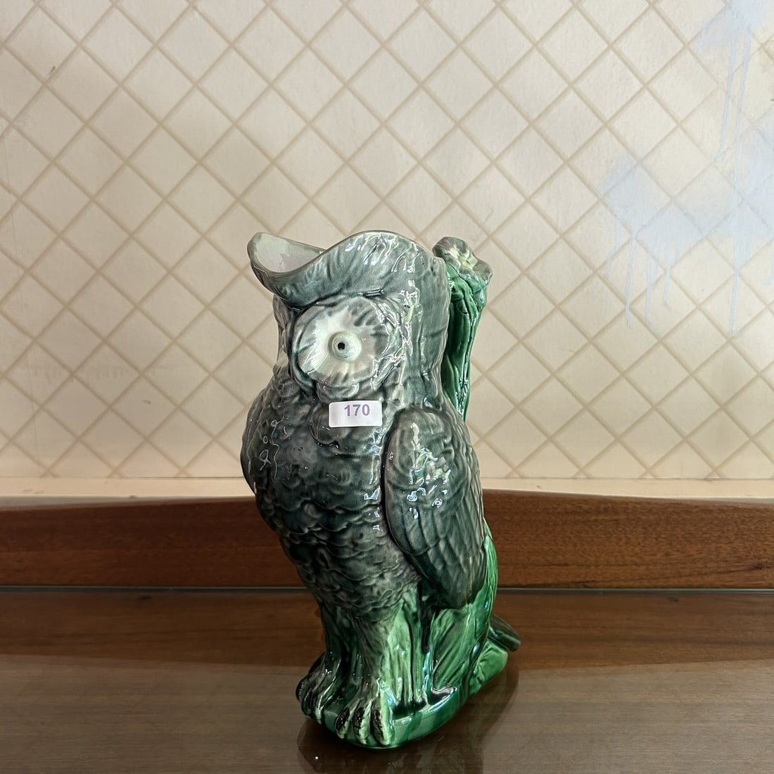 George Morley Co. 1880s American Green Gray Majolica Figural Owl Handled Pitcher: Professional, fast, and affordable in house shipping available for all items.For higher resolution images please visit www.bid.craftedauctions.com George Morley Co. 1880s American Green Gray Majolica 