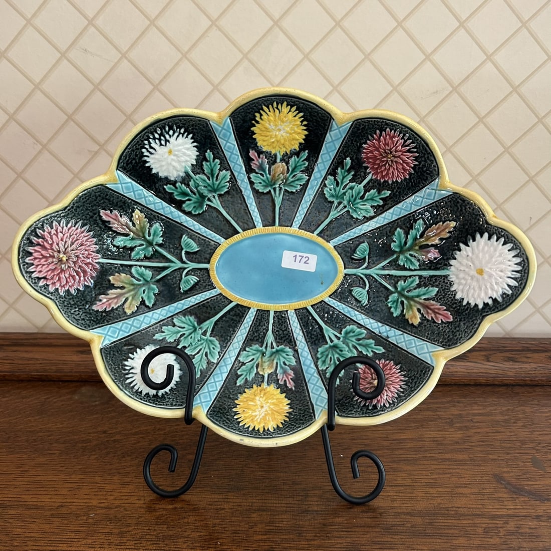 Wedgwood Late 19th Century English Colorful Majolica Oval Chrysanthemum Tray Platter (1 of 4)