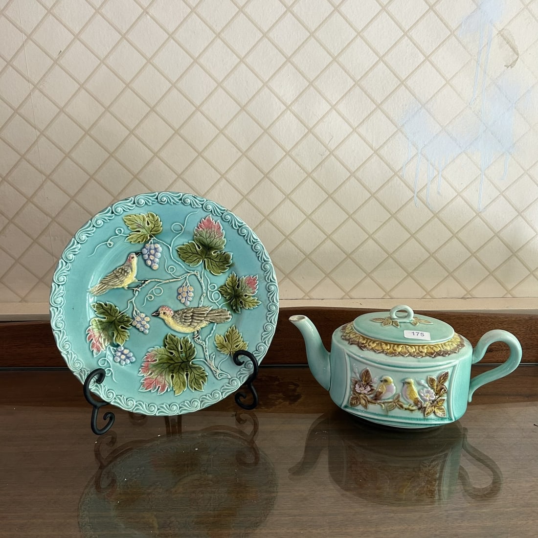 GZS Zell Germany Blue Majolica Bird Plate & Burton & Burton English Blue Majolica Bird Teapot (1 of 4)