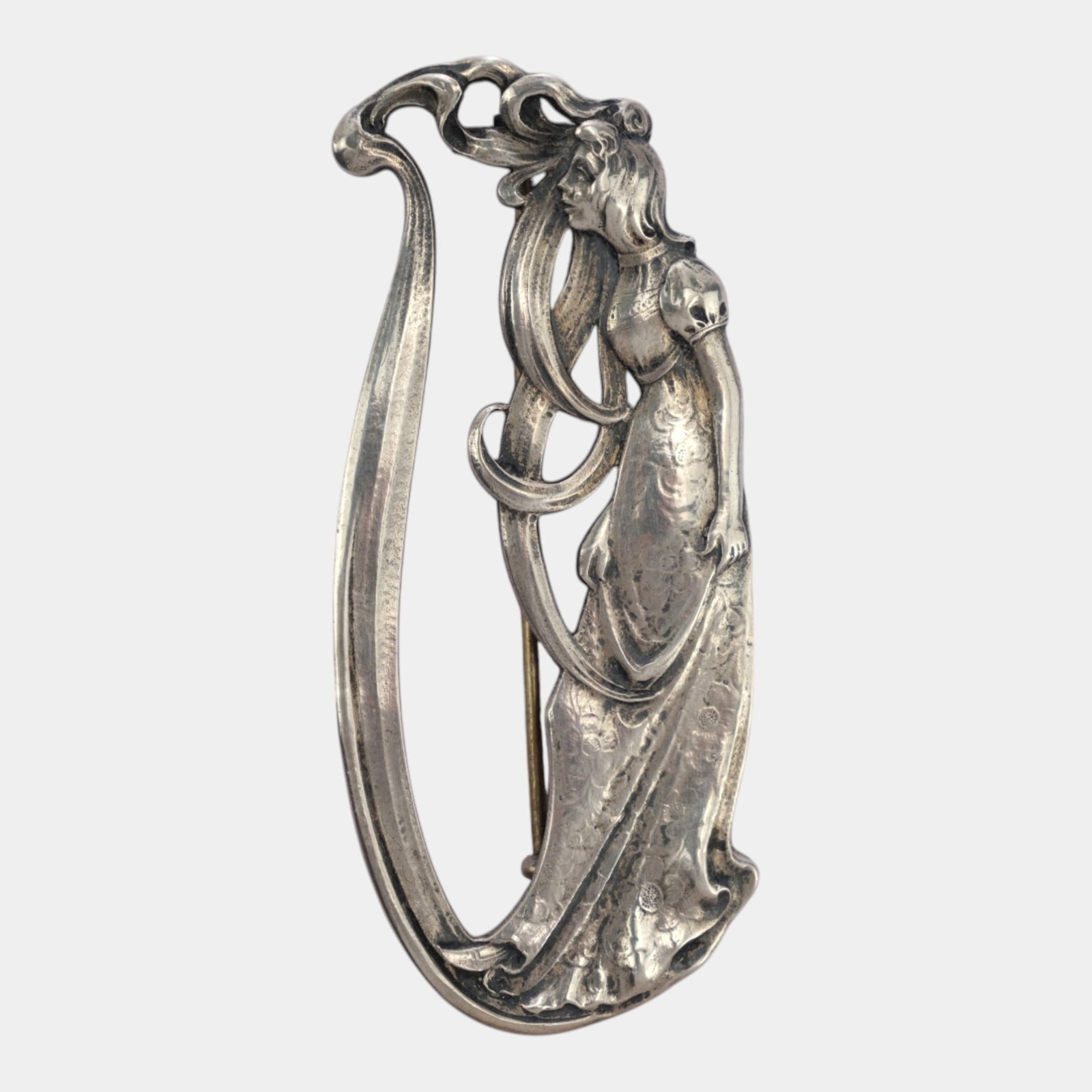 Gorham British Art Nouveau Sterling Silver Figural Nymph Woman Flowing Dress Brooch: Professional, fast, and affordable in house shipping available for all items.For higher resolution images please visit www.bid.craftedauctions.com Gracefully sculptural and richly detailed, this Art N