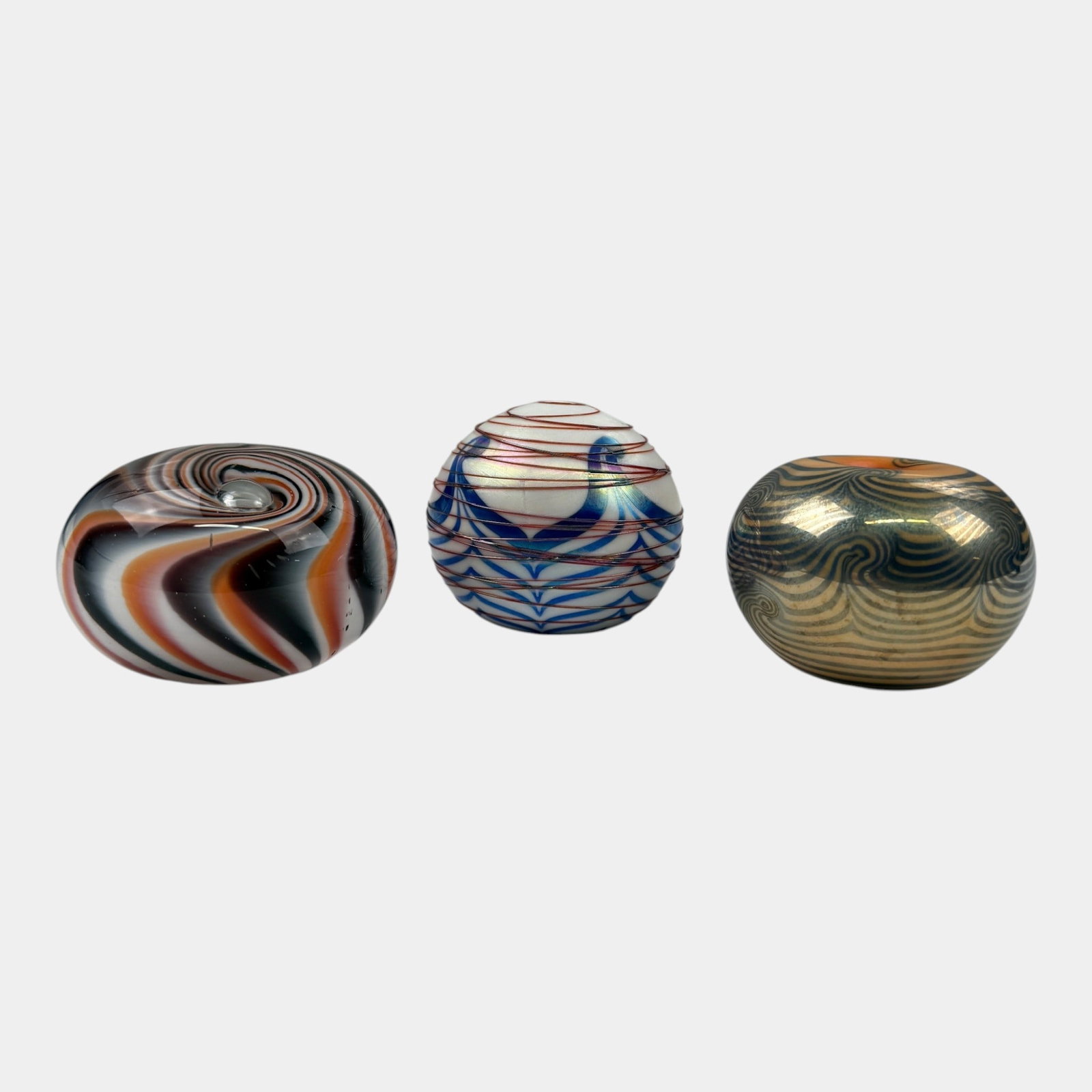 Terry Crider Ohio Studio Art Glass Blue Green Orange Iridescent Threaded Pulled Feather Paperweights (1 of 4)