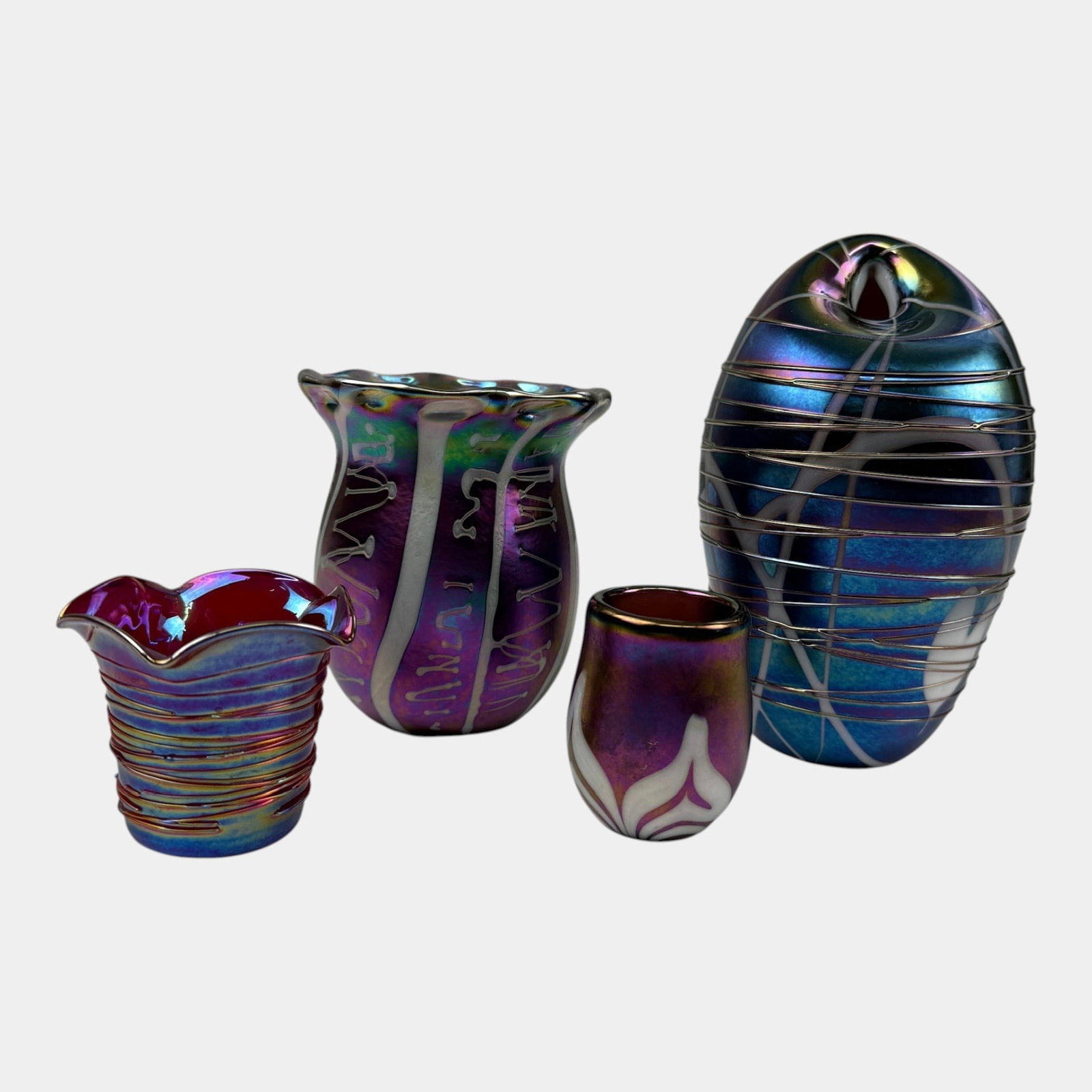 Terry Crider Ohio Studio Art Glass Blue Green Purple Iridescent Pulled Feather And Threaded Vases (1 of 7)