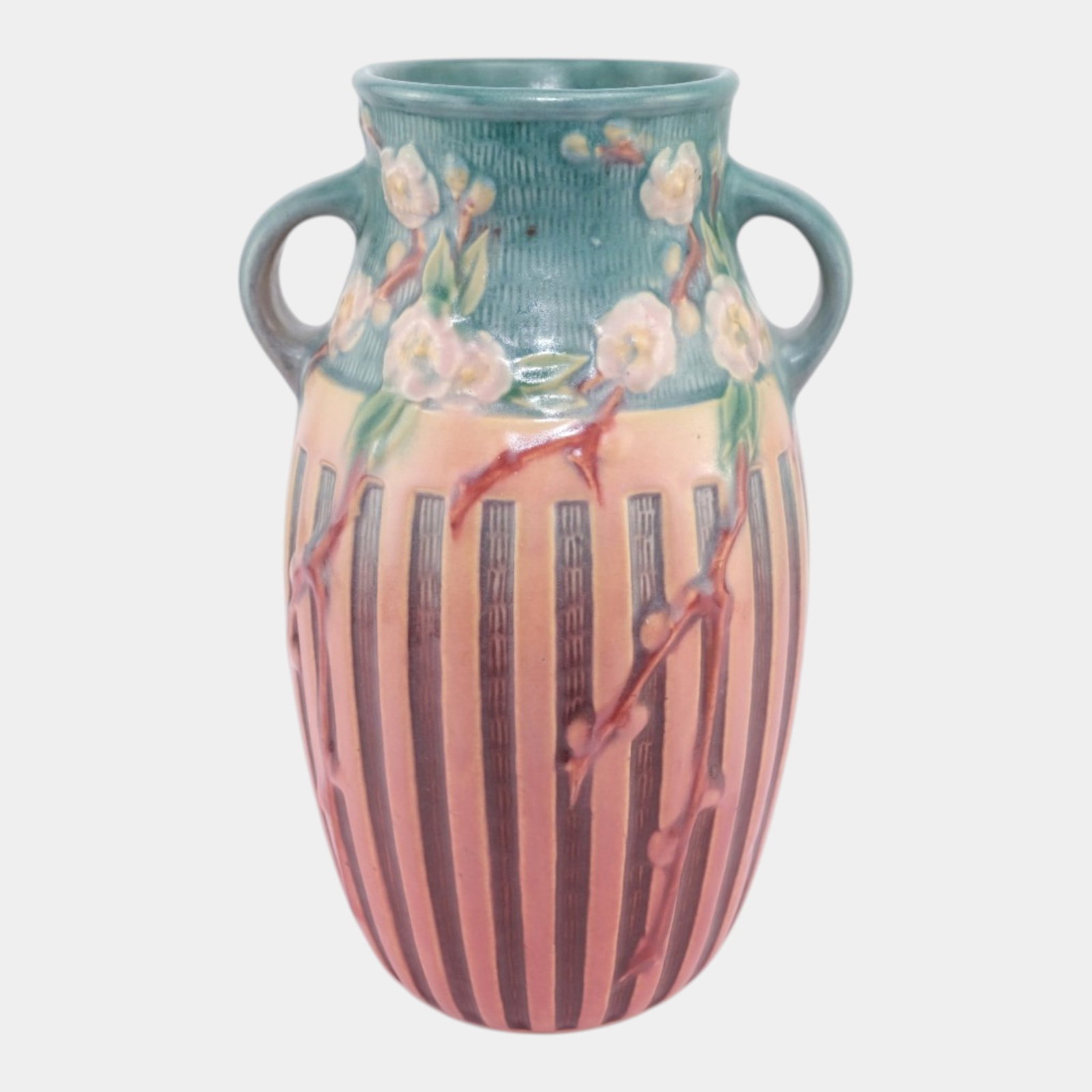 Roseville Cherry Blossom Pink 1933 Vintage Art Deco Pottery Ceramic Vase 626-10: Professional, fast, and affordable in house shipping available for all items.For higher resolution images please visit www.bid.craftedauctions.com Roseville Cherry Blossom Pink 1933 Vintage Art Deco P