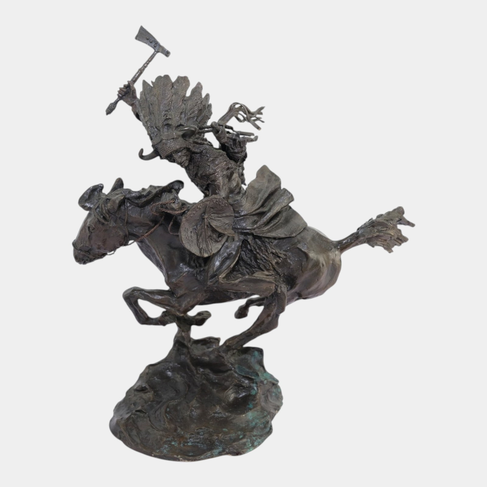 Buck McCain c1982 "Plains Warrior" Native American Chief Bronze Sculpture Statue: Professional, fast, and affordable in house shipping available for all items.For higher resolution images please visit www.bid.craftedauctions.com Buck McCain c1982 "Plains Warrior" Native American Ch