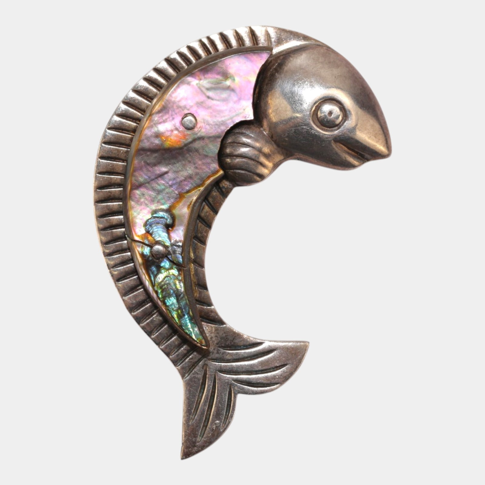 Ana Sosa For Taxco Mexico Sterling Silver 925 Mid Century Modern Abalone Fish Brooch: Professional, fast, and affordable in house shipping available for all items.For higher resolution images please visit www.bid.craftedauctions.com Boldly sculptural and richly iridescent, this Ana Sos