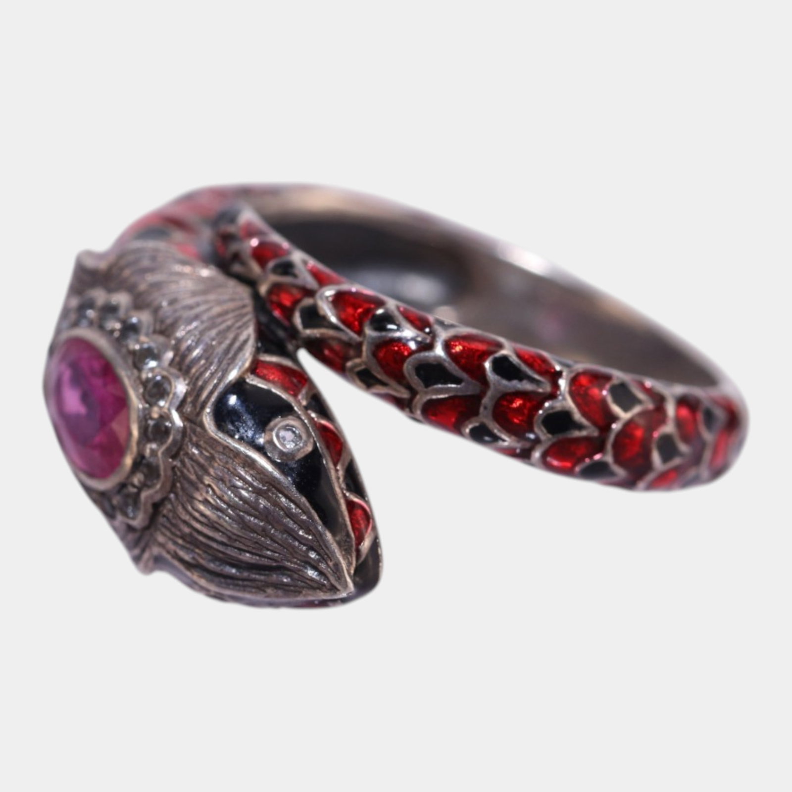Sterling Silver Red Enamel Scale Pink Ruby Head Stone Snake Wrap Ring Size 7.75 (1 of 5)