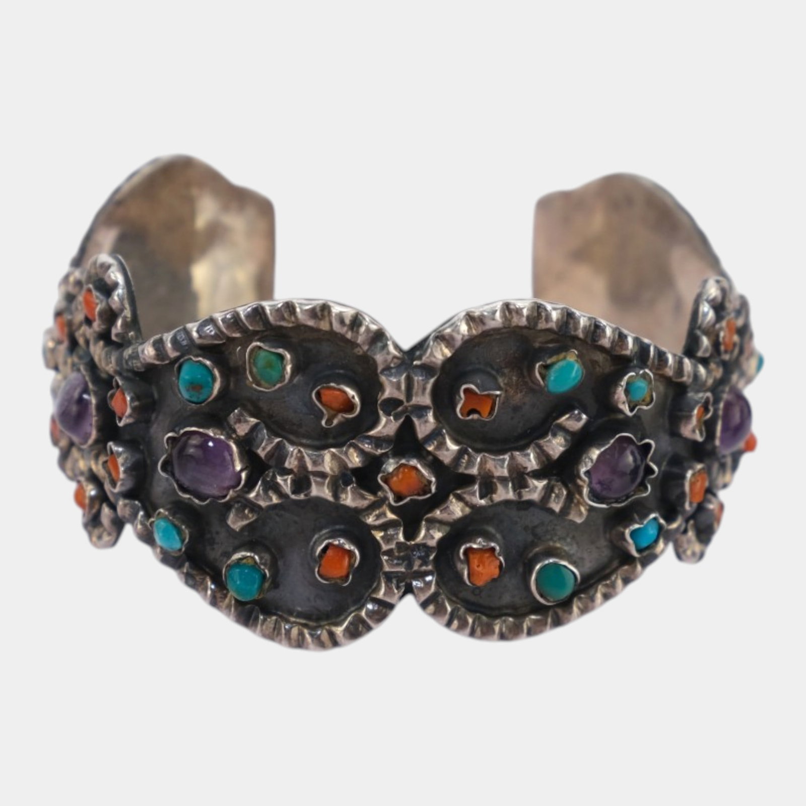 Taxco TH-70 Mexican Sterling Silver Bezel Set Multicolored Cabochon Wide Cuff Bracelet 1.4oz: Professional, fast, and affordable in house shipping available for all items.For higher resolution images please visit www.bid.craftedauctions.com Boldly handcrafted and richly textured, this vintage 