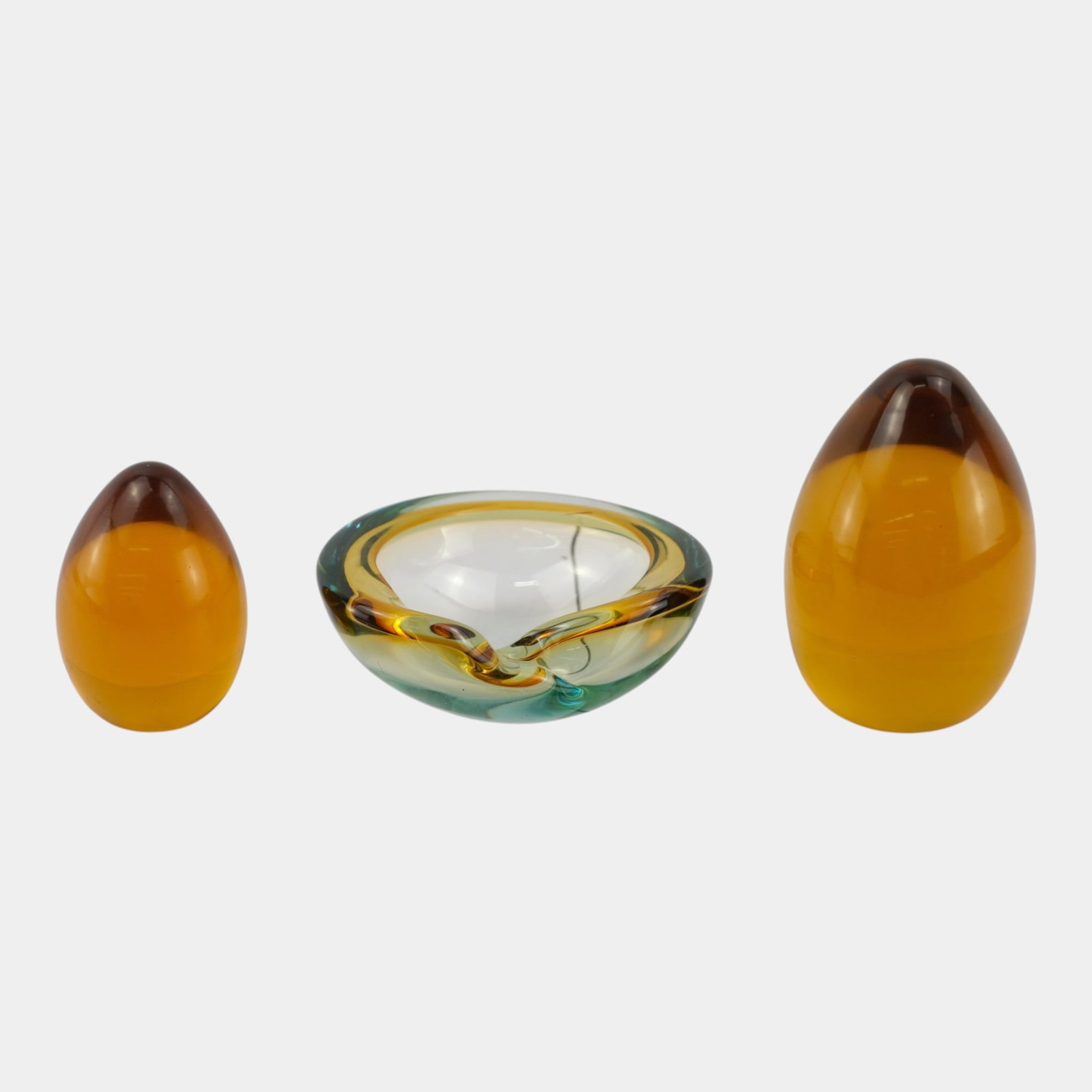 Murano Mid Century Art Glass Amber Egg Paperweights & Amber To Green Ashtray Group (1 of 4)