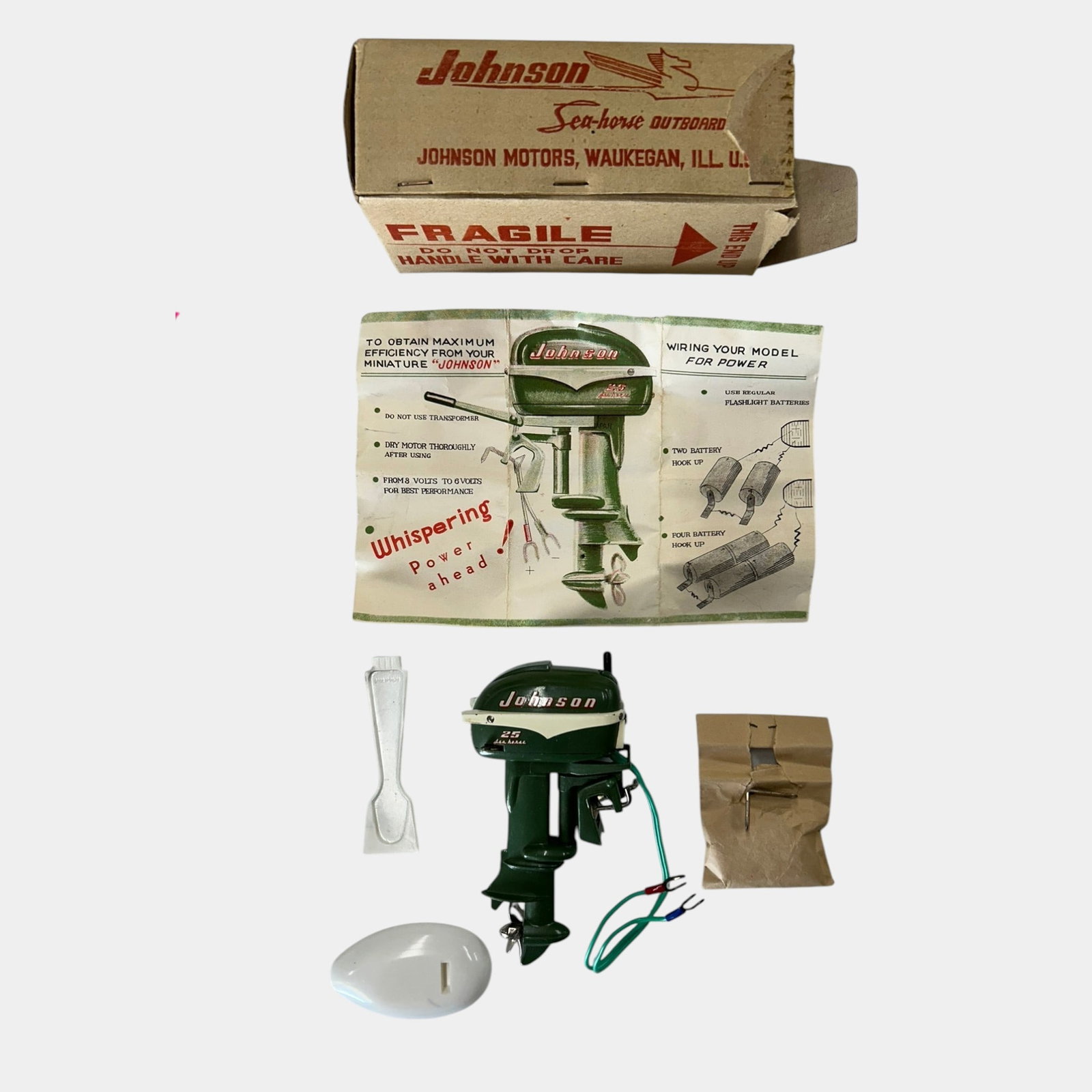 K&O Japan 1950s Johnson Motors "Sea-Horse Outboard" Battery Powered Outboard Motor Toy: Professional, fast, and affordable in house shipping available for all items.For higher resolution images please visit www.bid.craftedauctions.com K&O Japan 1950s Johnson Motors "Sea-Horse Outboard" B