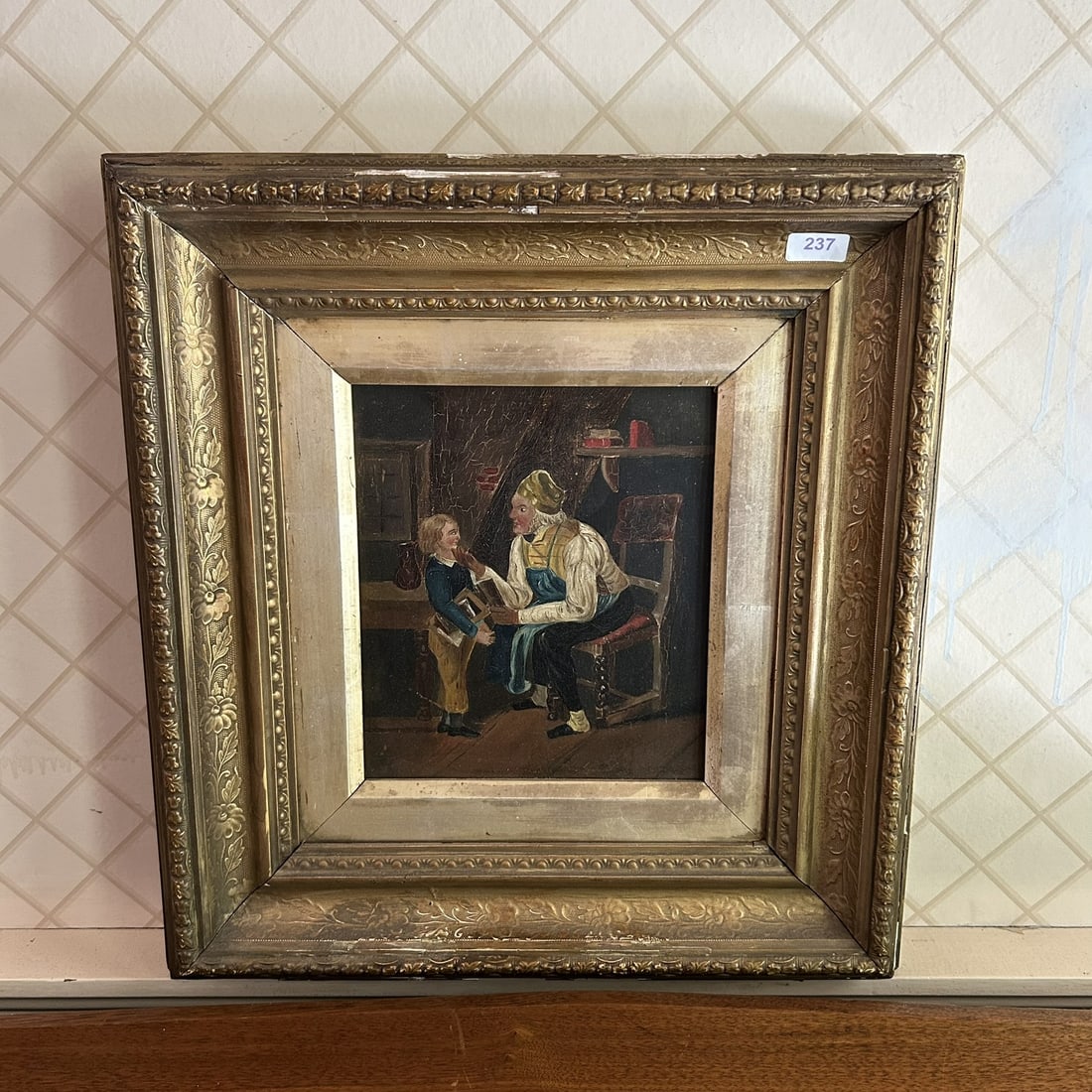 19th Century Father And Son Genre Scene Oil Painting On Canvas In Ornate Gold Gilt Frame: Professional, fast, and affordable in house shipping available for all items.For higher resolution images please visit www.bid.craftedauctions.com 19th Century Father And Son Genre Scene Oil Painting 