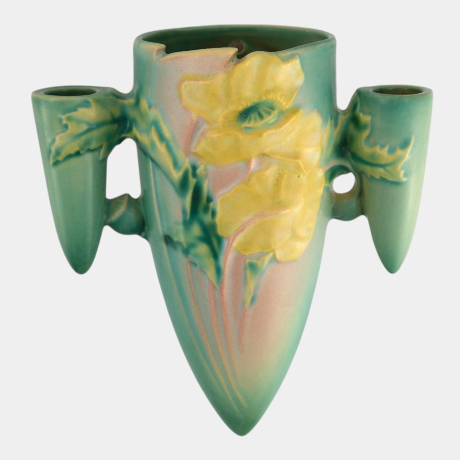 Roseville Poppy Green 1930 Vintage Art Pottery Ceramic Wall Pocket 1281-8: Professional, fast, and affordable in house shipping available for all items.For higher resolution images please visit www.bid.craftedauctions.com Roseville Poppy Green 1930 Vintage Art Pottery Cerami