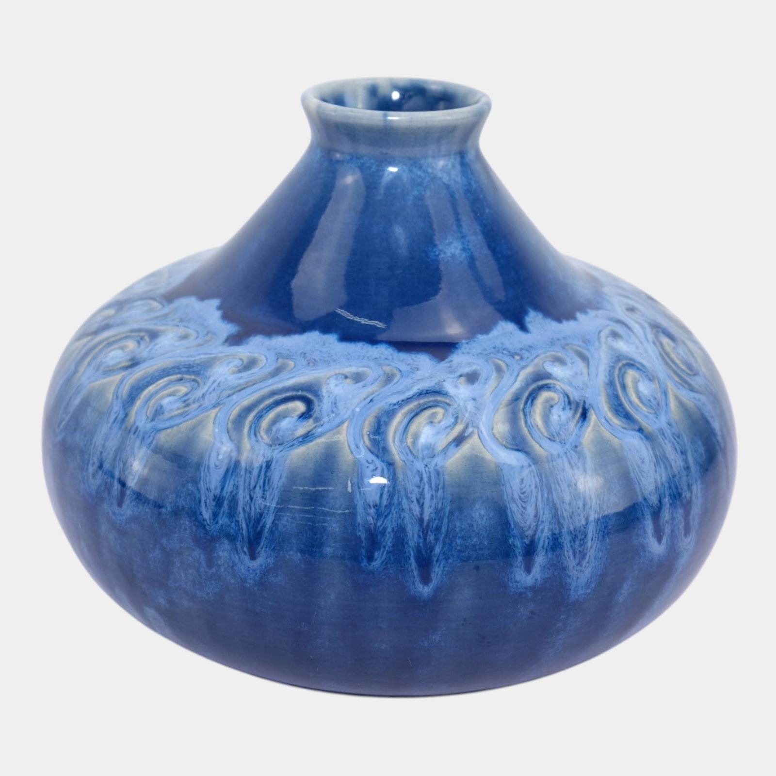 Primavera Longwy French Art Deco Pottery Swirl Design Blue Bulbous Ceramic Vase: Professional, fast, and affordable in house shipping available for all items.For higher resolution images please visit www.bid.craftedauctions.com Primavera Longwy French Art Deco Pottery Swirl Design