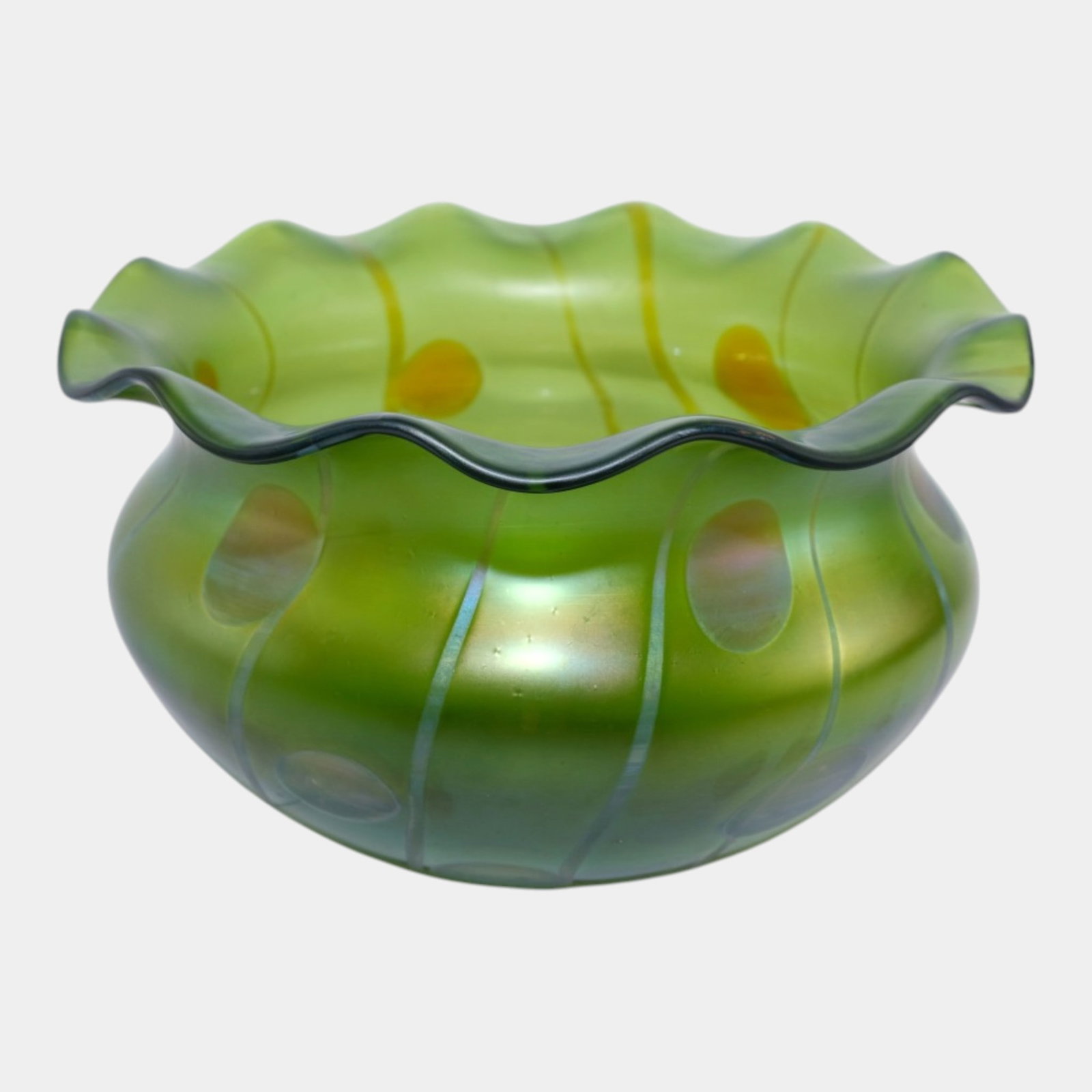 Loetz Streifen Und Flecken Green Stripes and Spots Art Glass Bowl: Professional, fast, and affordable in house shipping available for all items.For higher resolution images please visit www.bid.craftedauctions.com Loetz Streifen Und Flecken Green Stripes and Spots Ar
