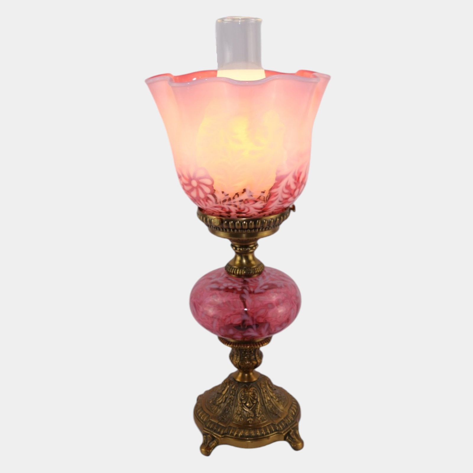 Fenton Red Cranberry Opalescent Fern & Daisy Decorated Handkerchief Shade And Font Table Lamp (1 of 11)