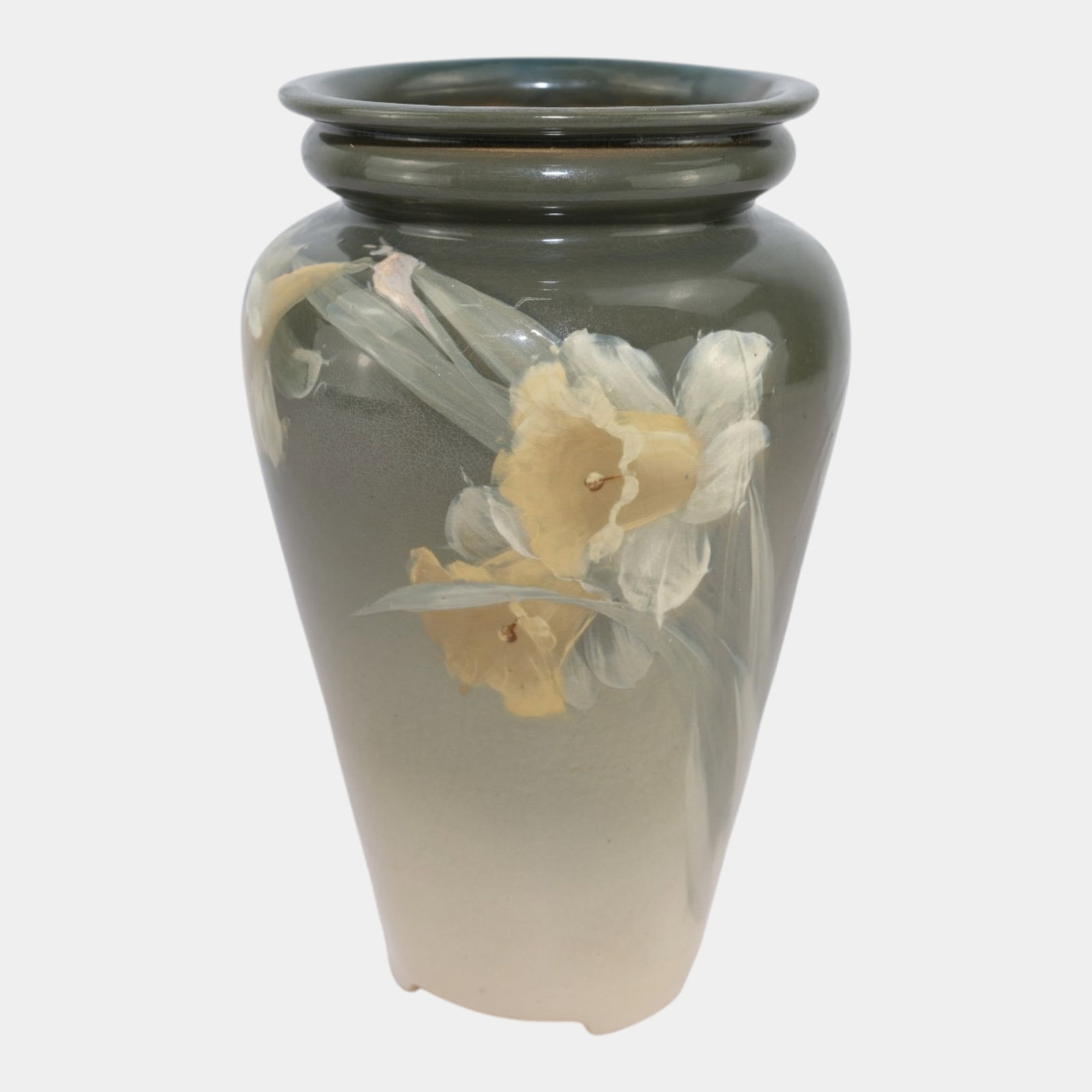 Roseville Rozane Light Vintage 1900s Art Pottery Green Yellow Floral Vase R30-11 By Mae Timberlake: Professional, fast, and affordable in house shipping available for all items.For higher resolution images please visit www.bid.craftedauctions.com Roseville Rozane Light Vintage 1900s Art Pottery Gree