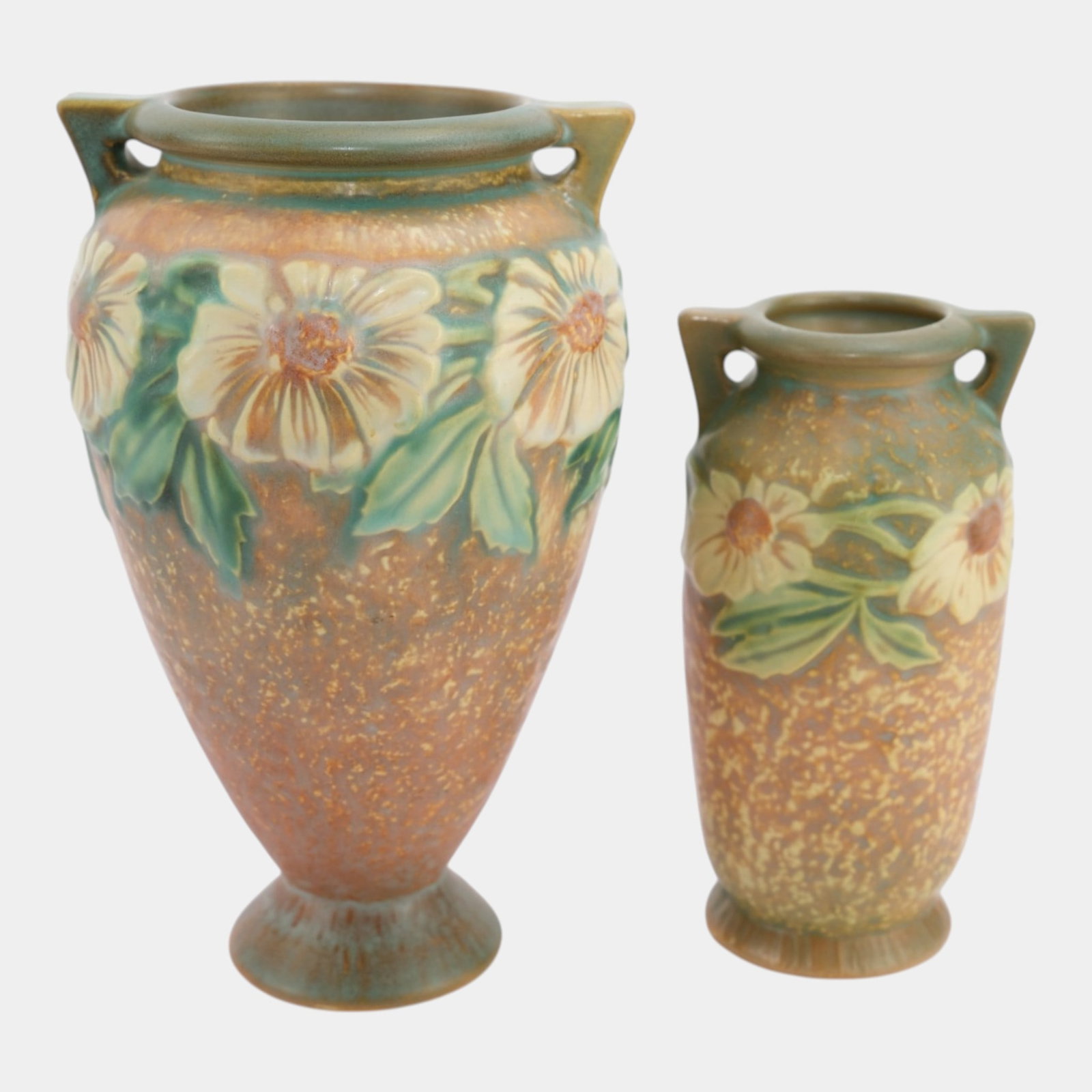 Roseville Dahlrose 1928 Vintage Arts & Crafts Pottery Vases 365-8 & 363-6: Professional, fast, and affordable in house shipping available for all items.For higher resolution images please visit www.bid.craftedauctions.com Roseville Dahlrose 1928 Vintage Arts & Crafts Pottery