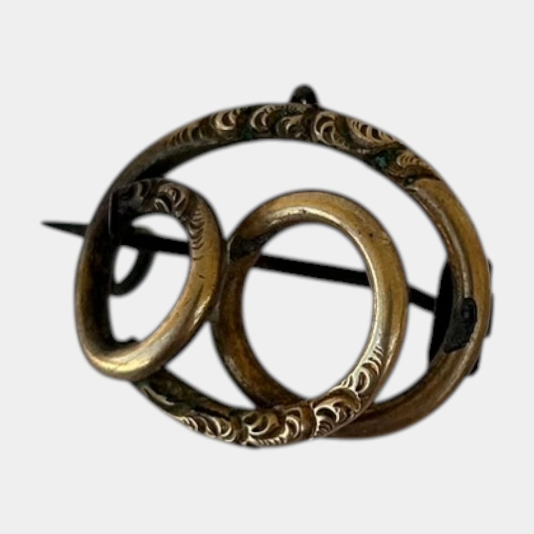 Victorian Late 19th Century 14K Yellow Gold Interlocking Circle Love Knot Brooch Pin With Engraved: Professional, fast, and affordable in house shipping available for all items.For higher resolution images please visit www.bid.craftedauctions.com Finely crafted and richly symbolic, this Victorian 14